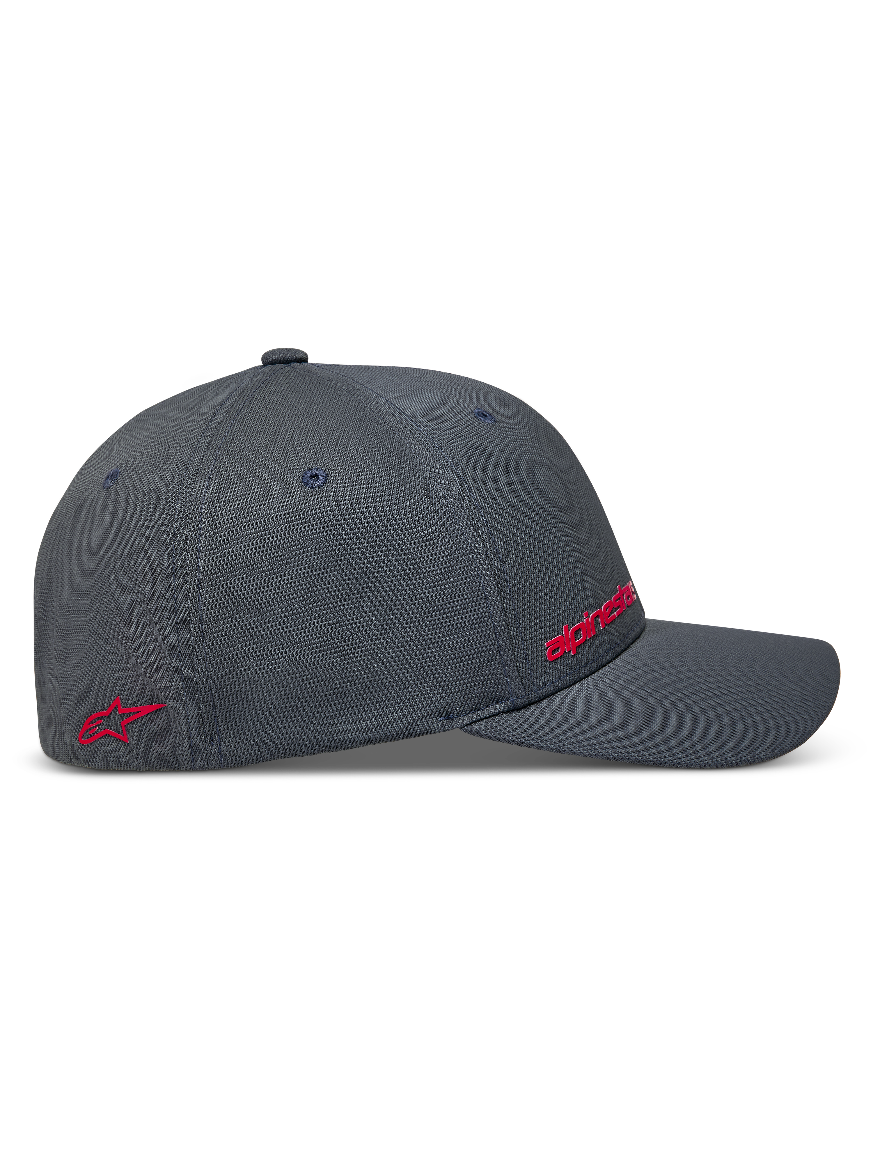 Alpinestars Points Chapéu, boné cinzento escuro, vista lateral com logótipos vermelhos em impressão HD e nylon tactel.