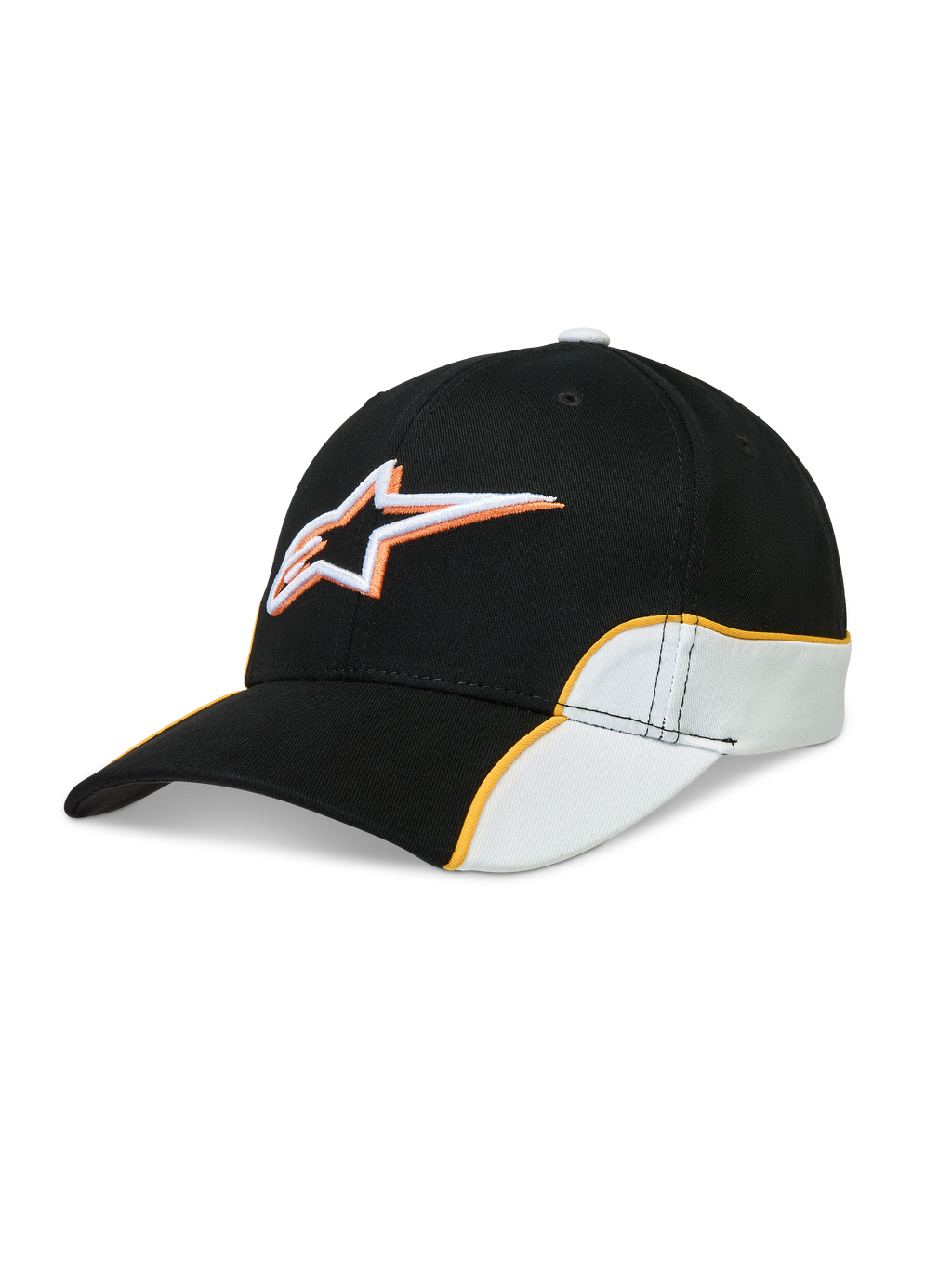 Alpinestars 500 Snapback, boné de sportswear unissexo, preto e branco com debrum laranja em contraste, logótipo Astars bordado em 3D, aba curva e coroa estruturada em sarja de algodão.