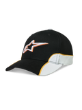Alpinestars 500 Snapback, boné de sportswear unissexo, preto e branco com debrum laranja em contraste, logótipo Astars bordado em 3D, aba curva e coroa estruturada em sarja de algodão.