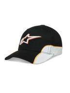 Alpinestars 500 Snapback, boné de sportswear unissexo, preto e branco com debrum laranja em contraste, logótipo Astars bordado em 3D, aba curva e coroa estruturada em sarja de algodão.