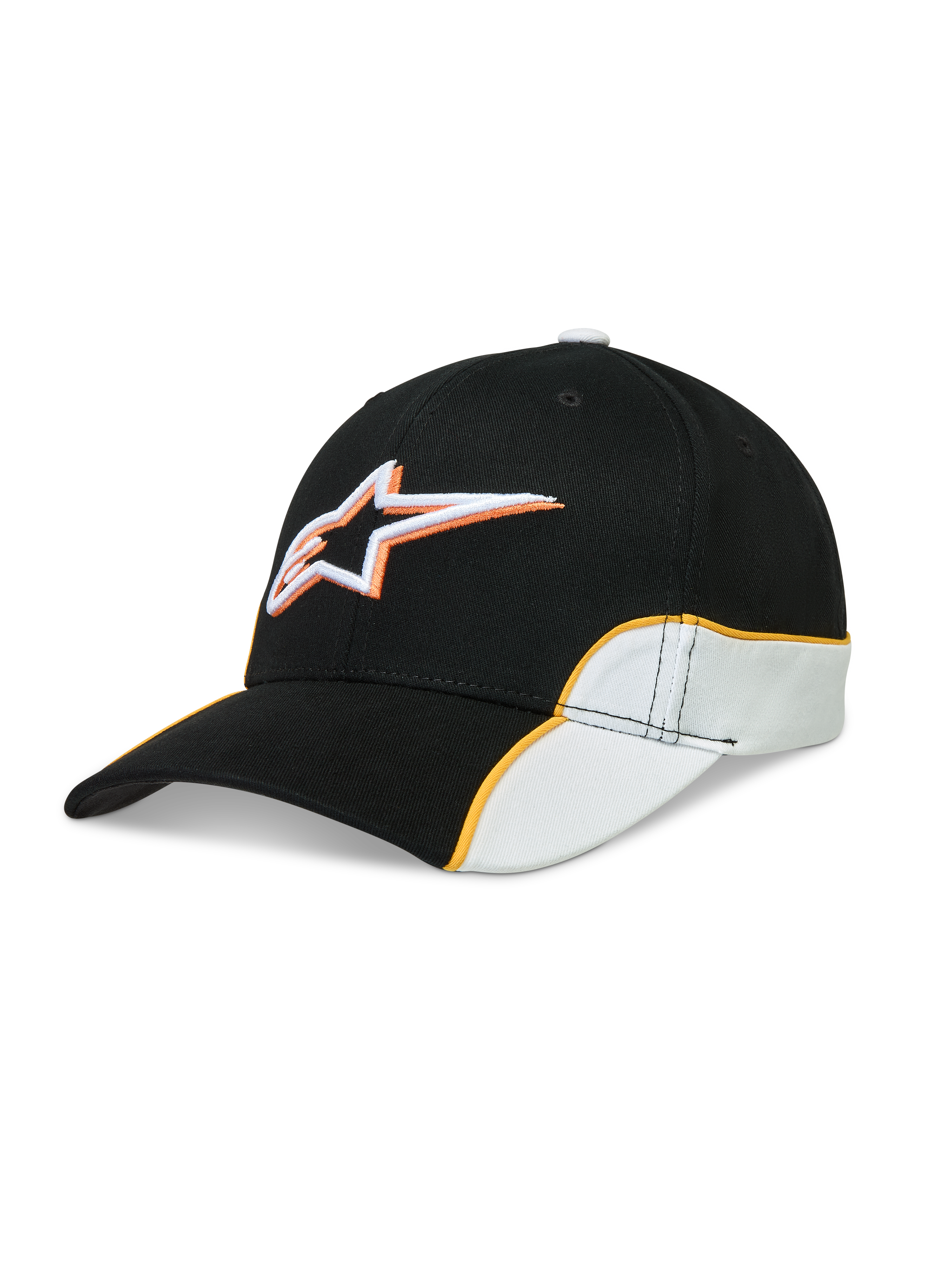 Alpinestars 500 Snapback, boné de sportswear unissexo, preto e branco com debrum laranja em contraste, logótipo Astars bordado em 3D, aba curva e coroa estruturada em sarja de algodão.