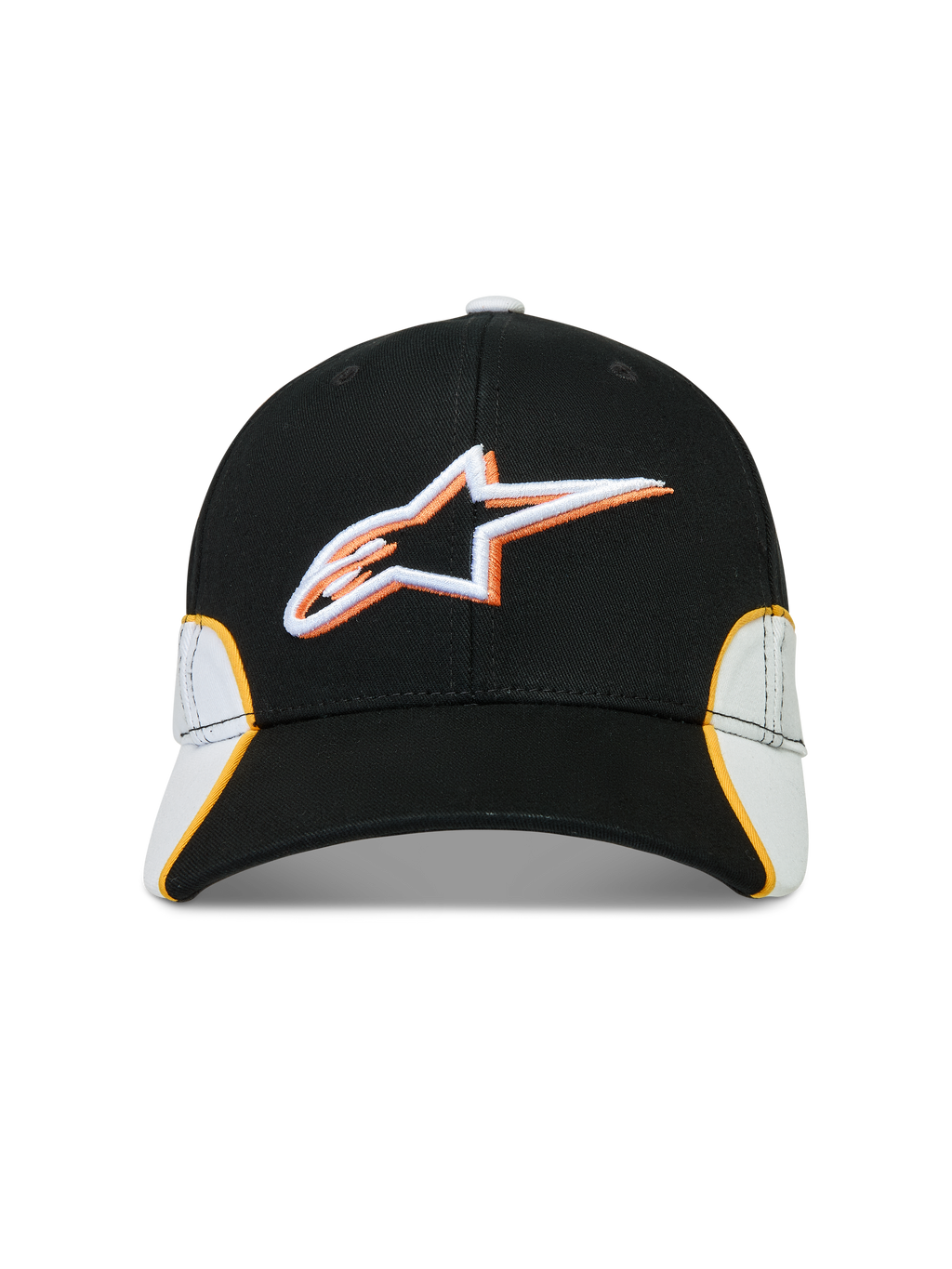 Alpinestars Boné 500 Snapback, boné de sportswear inspirado no motorsport, preto e branco com pormenores laranja, aba curva e coroa estruturada, logótipo Astars bordado em 3D, construção em sarja de algodão.