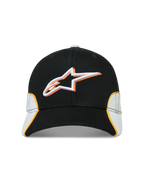 Alpinestars Boné 500 Snapback, boné de sportswear inspirado no motorsport, preto e branco com pormenores laranja, aba curva e coroa estruturada, logótipo Astars bordado em 3D, construção em sarja de algodão.
