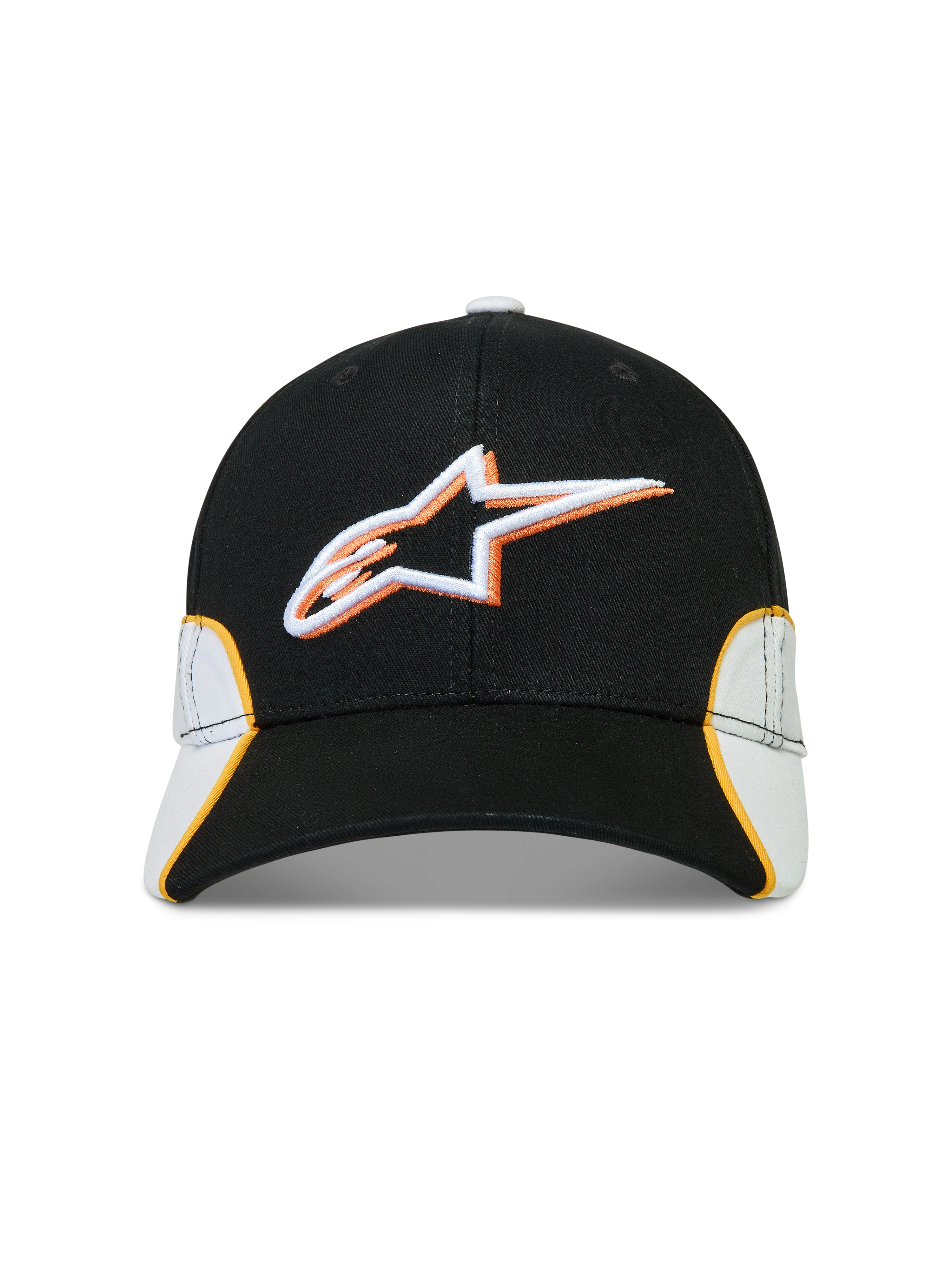 Alpinestars Boné 500 Snapback, boné de sportswear inspirado no motorsport, preto e branco com pormenores laranja, aba curva e coroa estruturada, logótipo Astars bordado em 3D, construção em sarja de algodão.