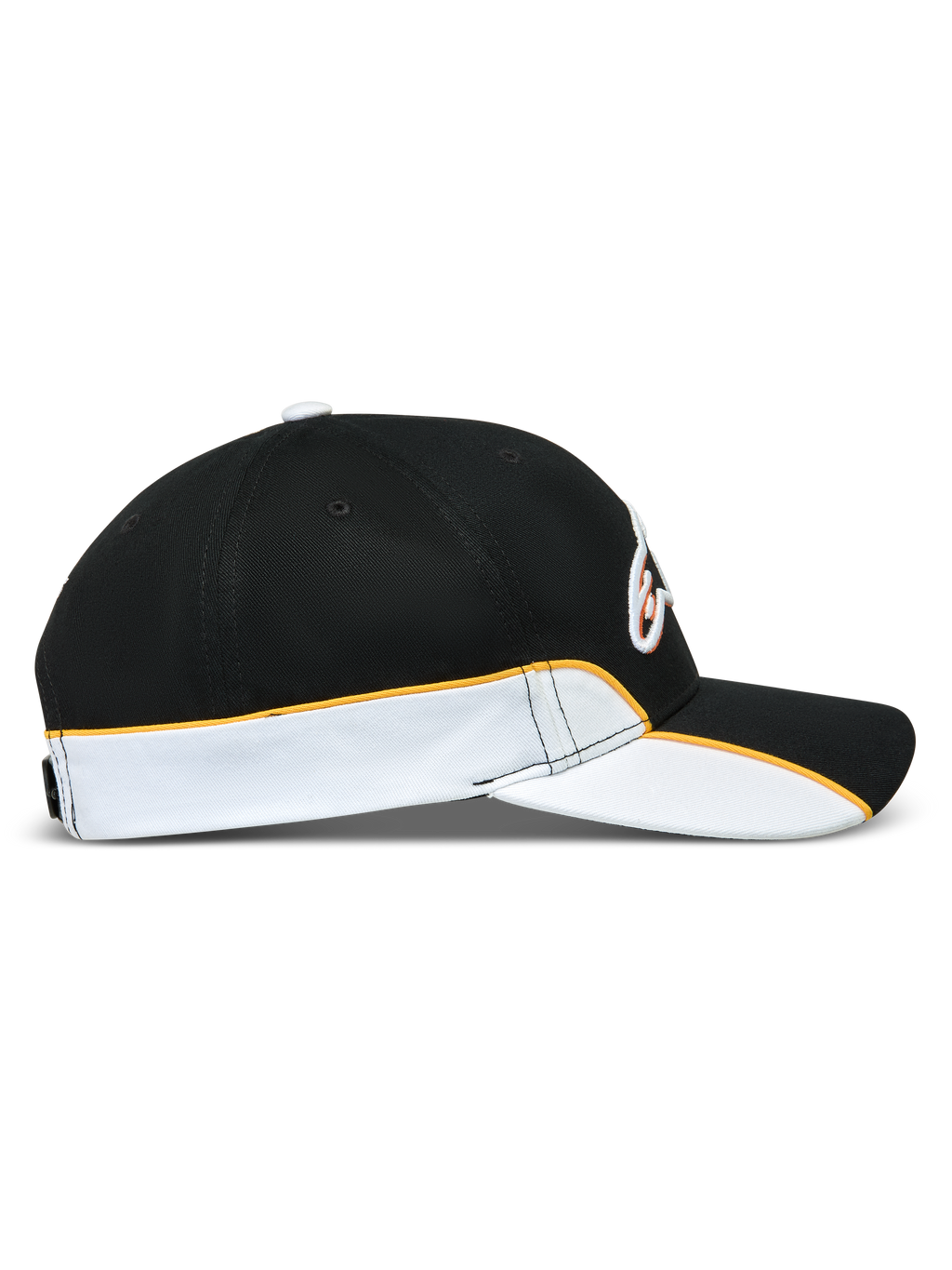 Alpinestars Boné 500 Snapback, boné de sportswear inspirado no motorsport, preto, branco e laranja, perfil lateral com aba curva, coroa estruturada e detalhes de debrum em contraste.