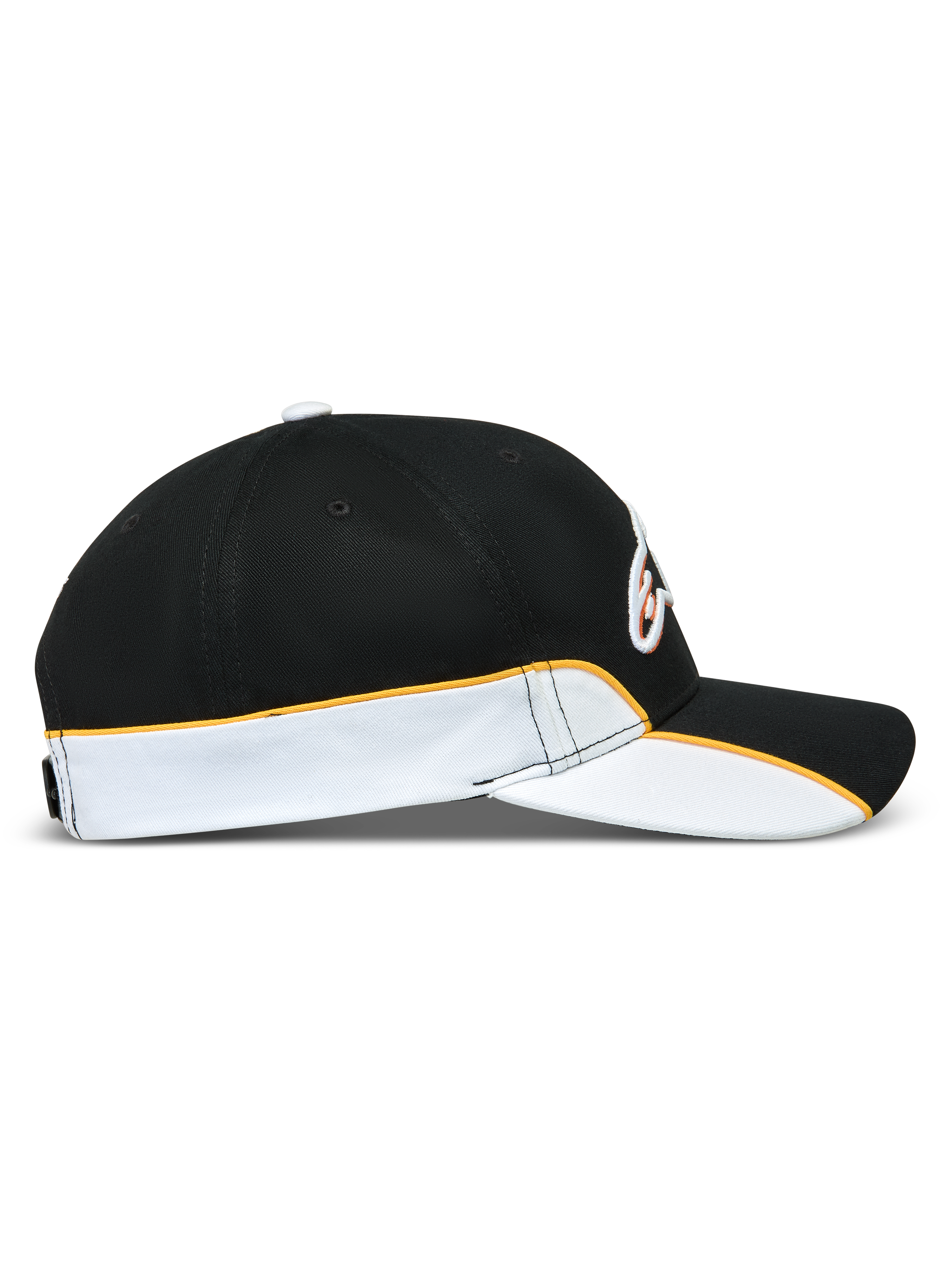 Alpinestars Boné 500 Snapback, boné de sportswear inspirado no motorsport, preto, branco e laranja, perfil lateral com aba curva, coroa estruturada e detalhes de debrum em contraste.