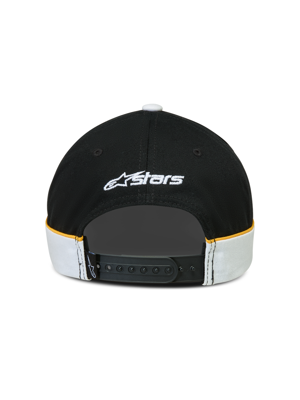 Alpinestars Boné 500 Snapback, boné de estilo sportswear, preto e branco com pormenores amarelos, vista traseira com fecho snapback ajustável, logótipo Astars bordado a branco e detalhes de corte e costura com debrum em contraste.