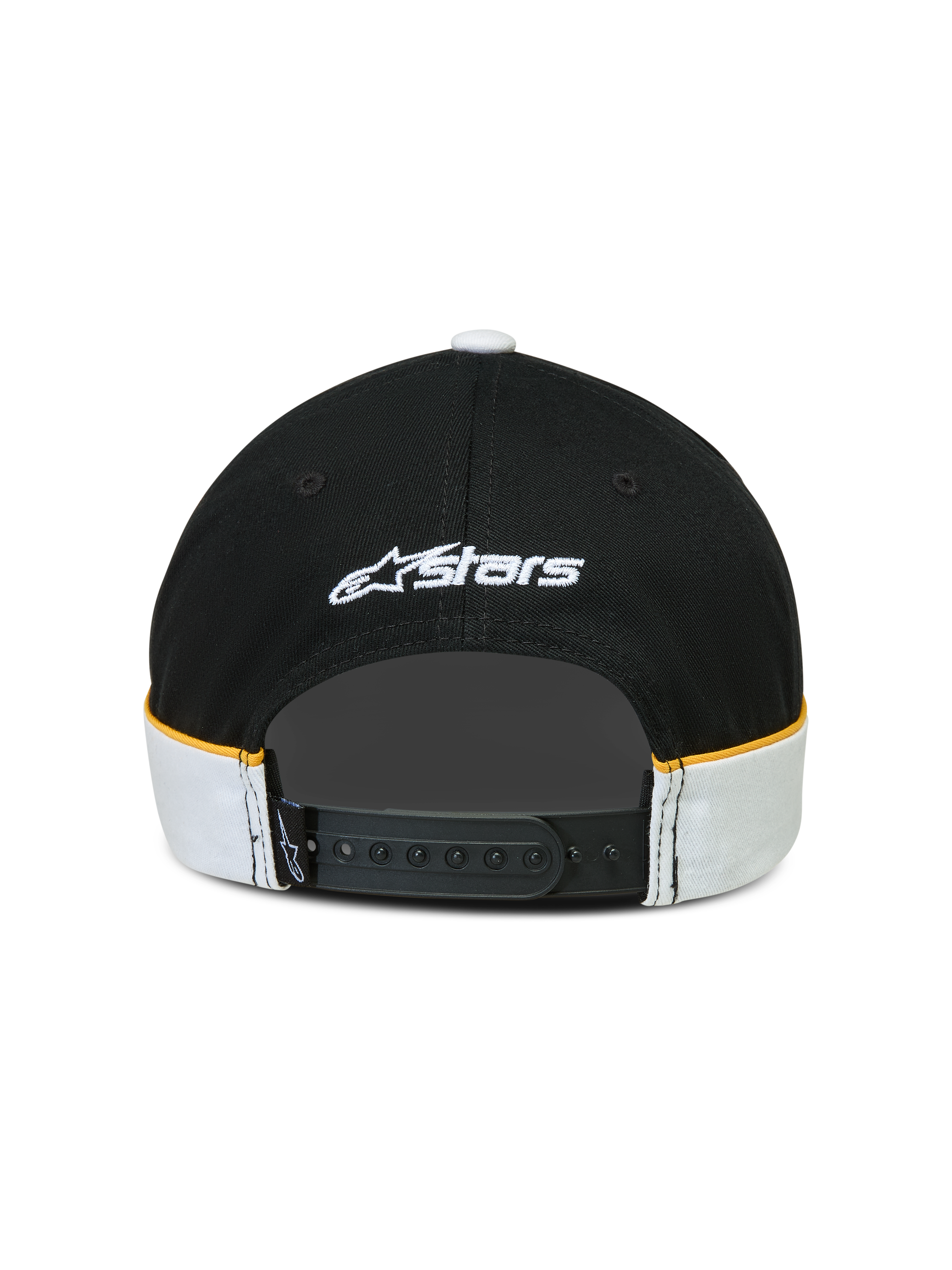 Alpinestars Boné 500 Snapback, boné de estilo sportswear, preto e branco com pormenores amarelos, vista traseira com fecho snapback ajustável, logótipo Astars bordado a branco e detalhes de corte e costura com debrum em contraste.