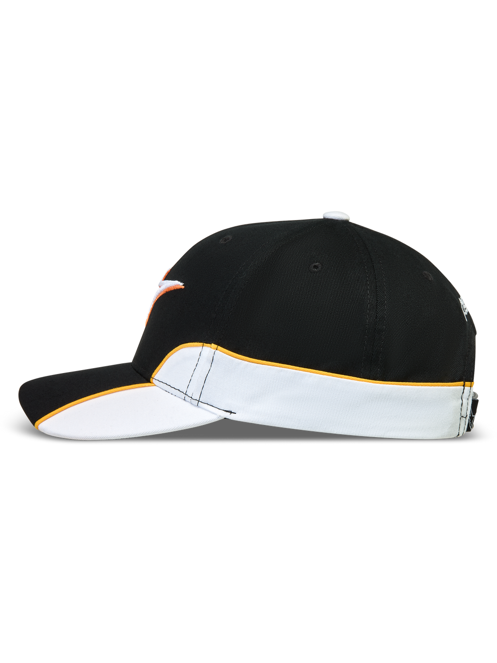 Alpinestars Boné 500 Snapback, boné de estilo motorsport e sportswear, unissexo, preto e branco com debrum laranja, aba curva e coroa estruturada, em sarja de algodão resistente, vista lateral com detalhes de corte e costura.