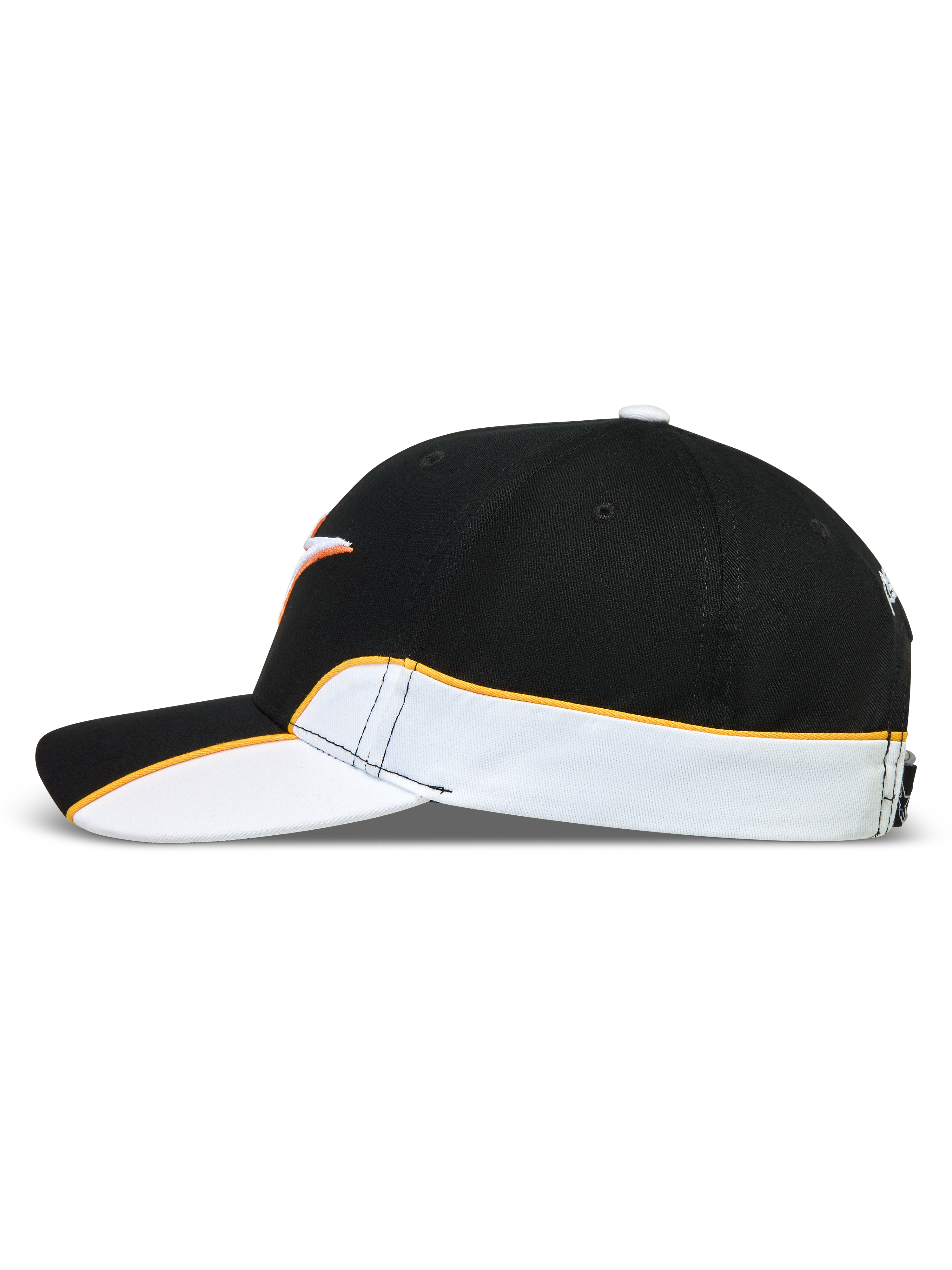 Alpinestars Boné 500 Snapback, boné de estilo motorsport e sportswear, unissexo, preto e branco com debrum laranja, aba curva e coroa estruturada, em sarja de algodão resistente, vista lateral com detalhes de corte e costura.
