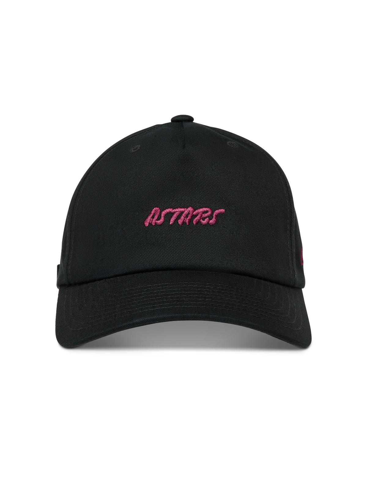 Alpinestars Explorer Strapback Chapéu, boné de sportswear preto com logótipo Astars rosa bordado e aba curva.