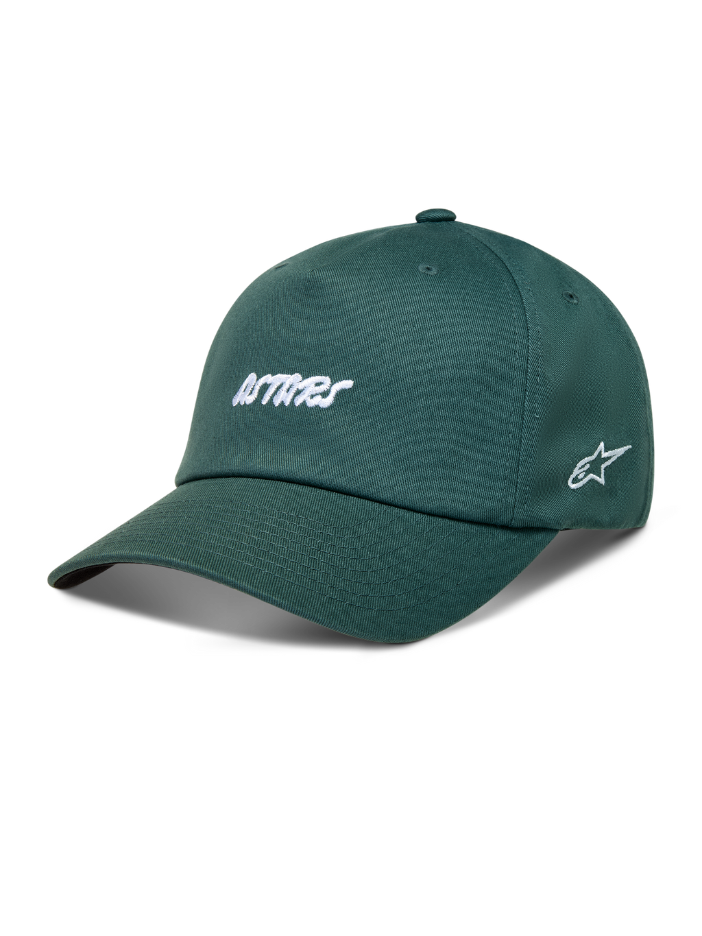 Alpinestars Explorer Strapback Chapéu, boné de sarja verde com bordados Astars brancos e aba curva, sportswear.