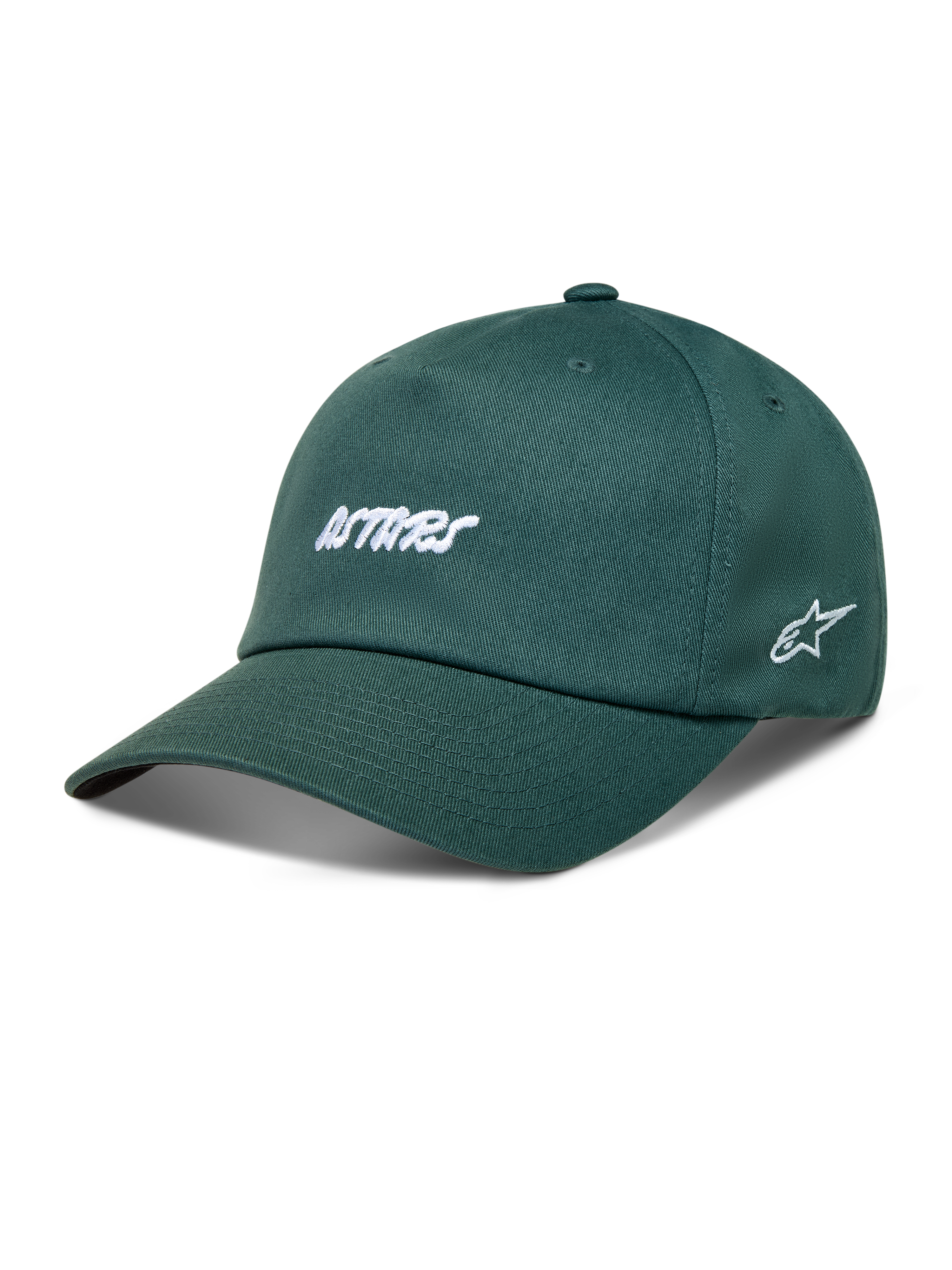 Alpinestars Explorer Strapback Chapéu, boné de sarja verde com bordados Astars brancos e aba curva, sportswear.