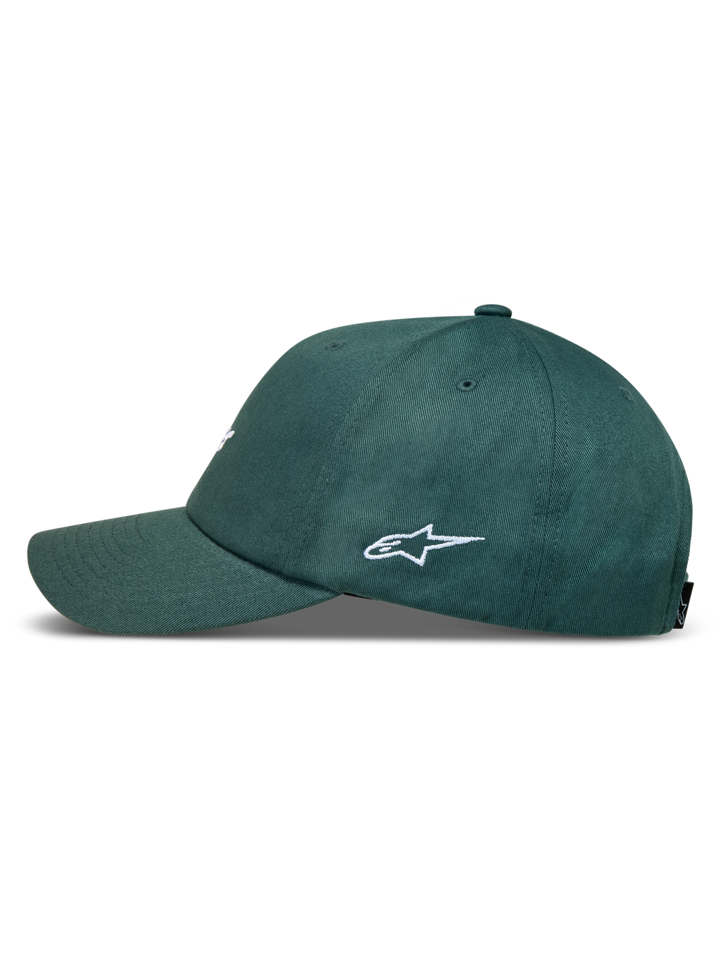 Alpinestars Explorer Strapback, chapéu verde com aba curva e coroa estruturada, vista lateral com logótipo Astars branco.