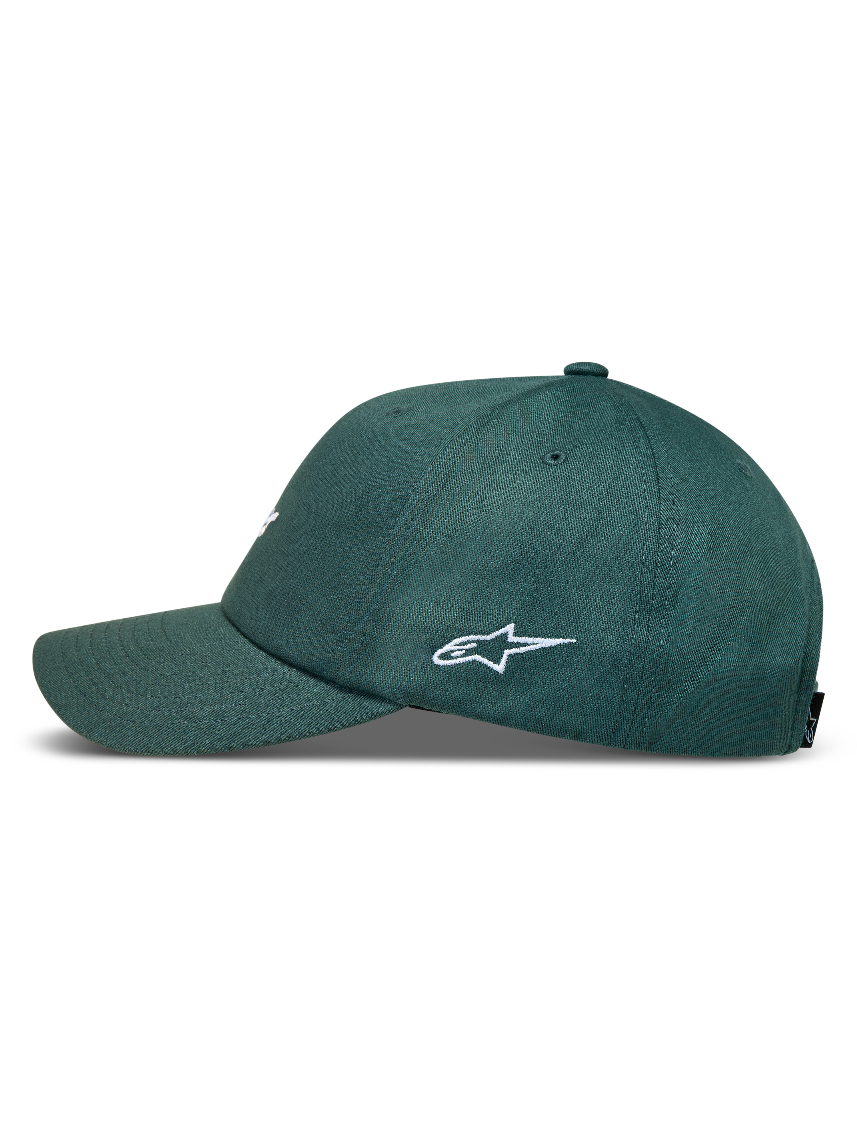 Alpinestars Explorer Strapback, chapéu verde com aba curva e coroa estruturada, vista lateral com logótipo Astars branco.