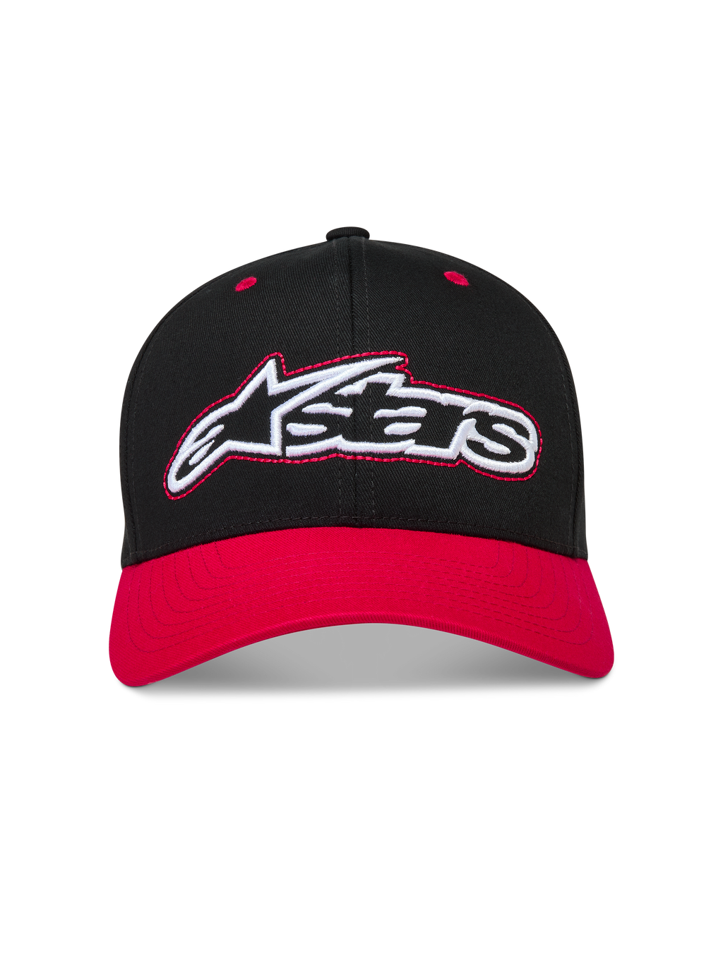 Alpinestars Retro Snapback Chapéu, boné de aba curva preto e vermelho com logótipo Astars bordado e fecho snapback.