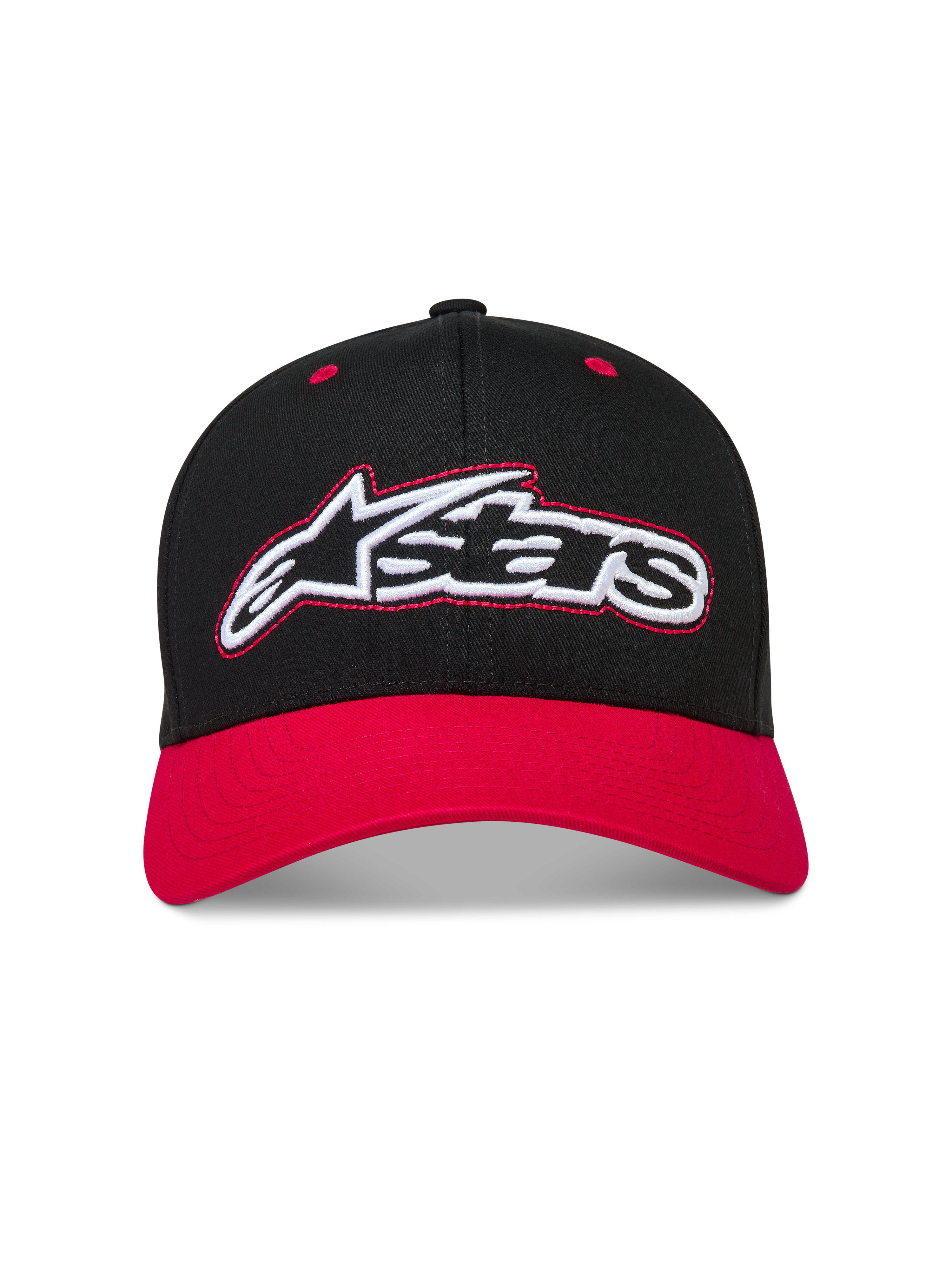 Alpinestars Retro Snapback Chapéu, boné de aba curva preto e vermelho com logótipo Astars bordado e fecho snapback.