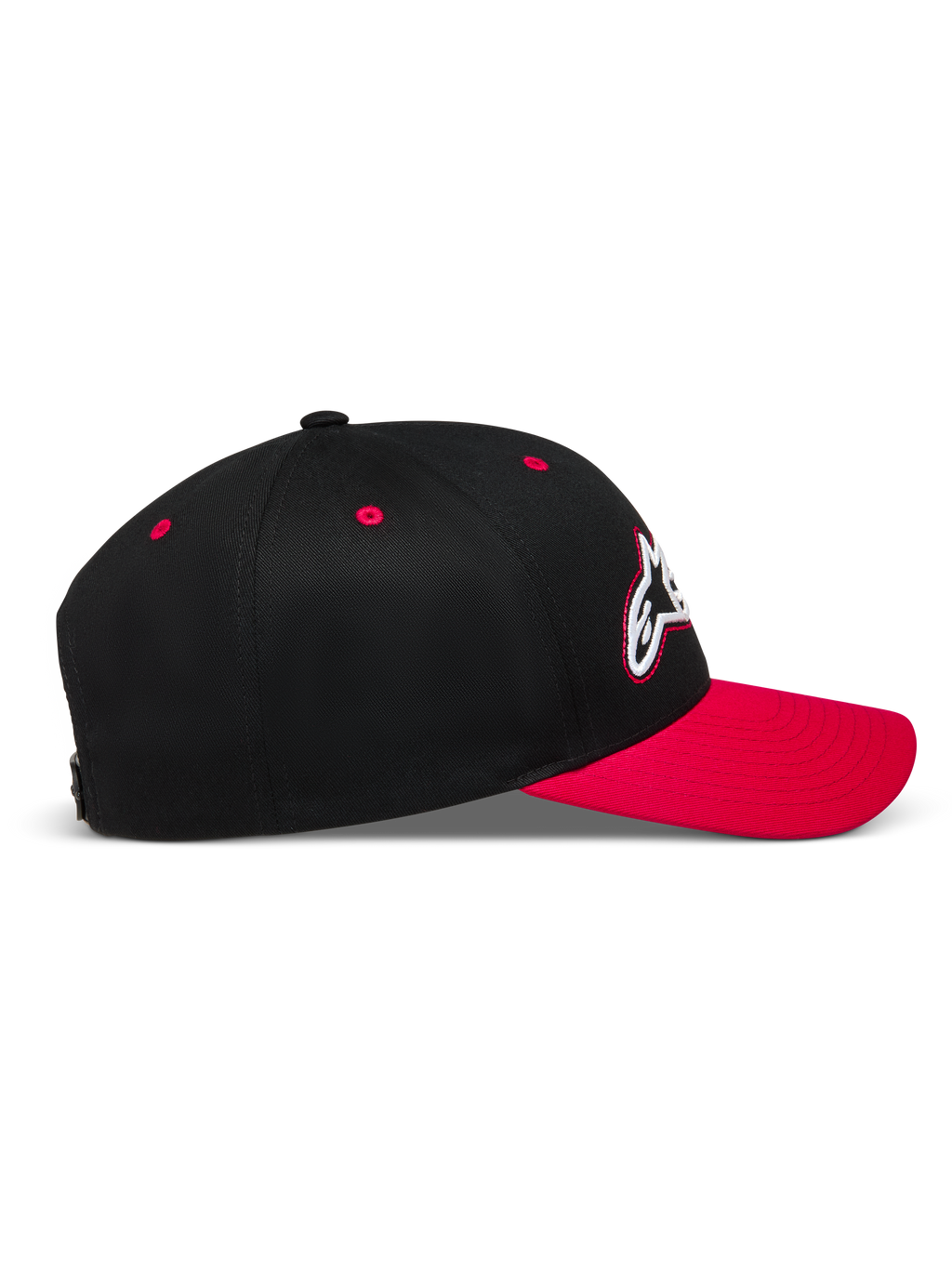 Alpinestars Retro Snapback Chapéu, boné de perfil preto e vermelho em sarja com aba curva e coroa estruturada, sportswear.