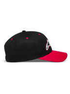 Alpinestars Retro Snapback Chapéu, boné de perfil preto e vermelho em sarja com aba curva e coroa estruturada, sportswear.