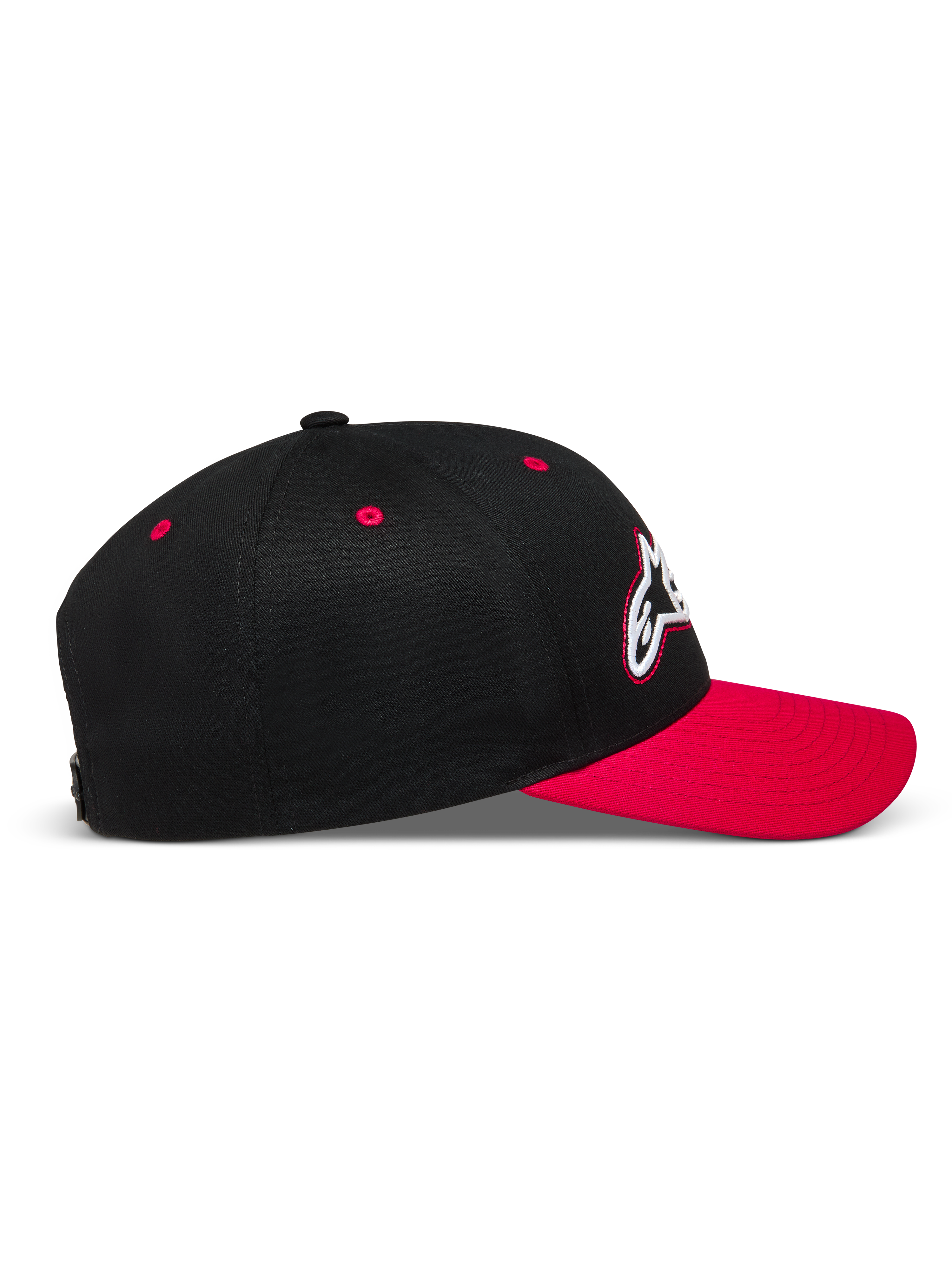 Alpinestars Retro Snapback Chapéu, boné de perfil preto e vermelho em sarja com aba curva e coroa estruturada, sportswear.