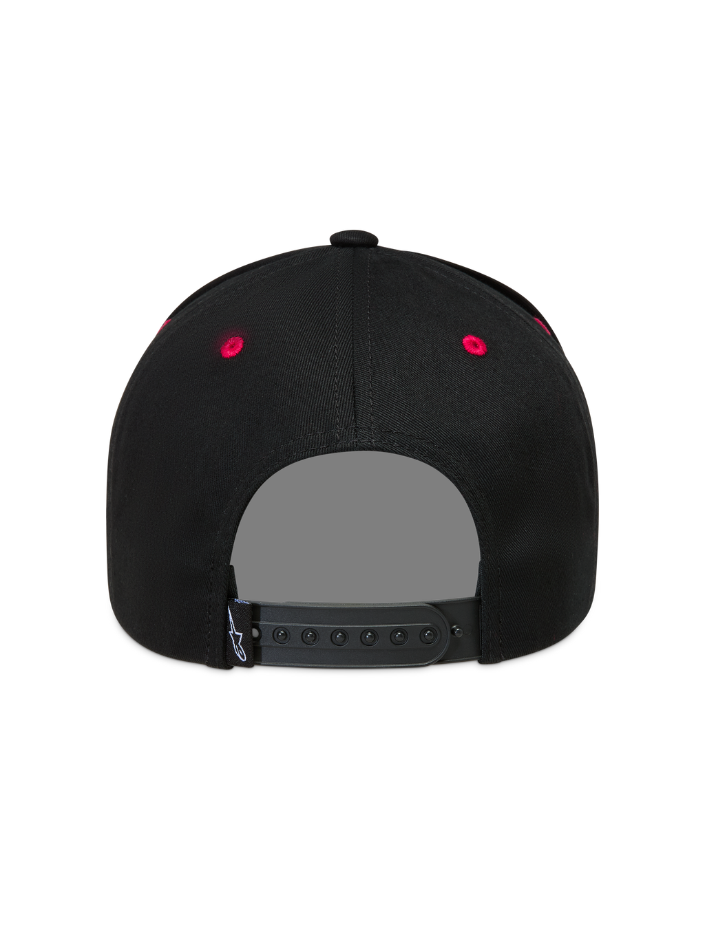 Alpinestars Retro Snapback Chapéu, boné preto e vermelho, vista traseira com fecho snapback ajustável e ilhós vermelhos.