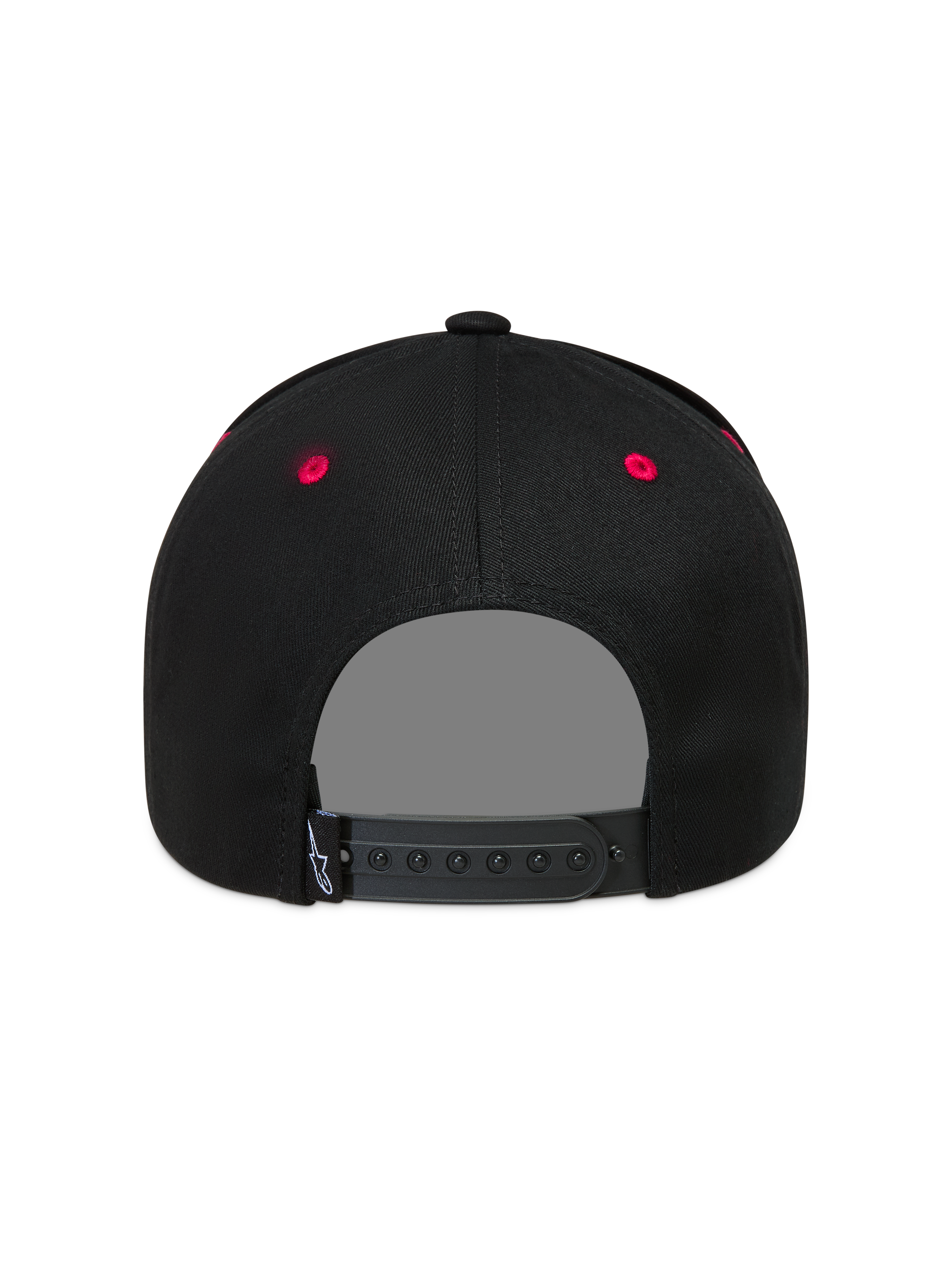 Alpinestars Retro Snapback Chapéu, boné preto e vermelho, vista traseira com fecho snapback ajustável e ilhós vermelhos.