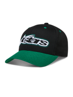 Alpinestars Retro Snapback Hat, Black and Green Sportswear Cap, curved bill, structured crown, and embroidered Astars logo.