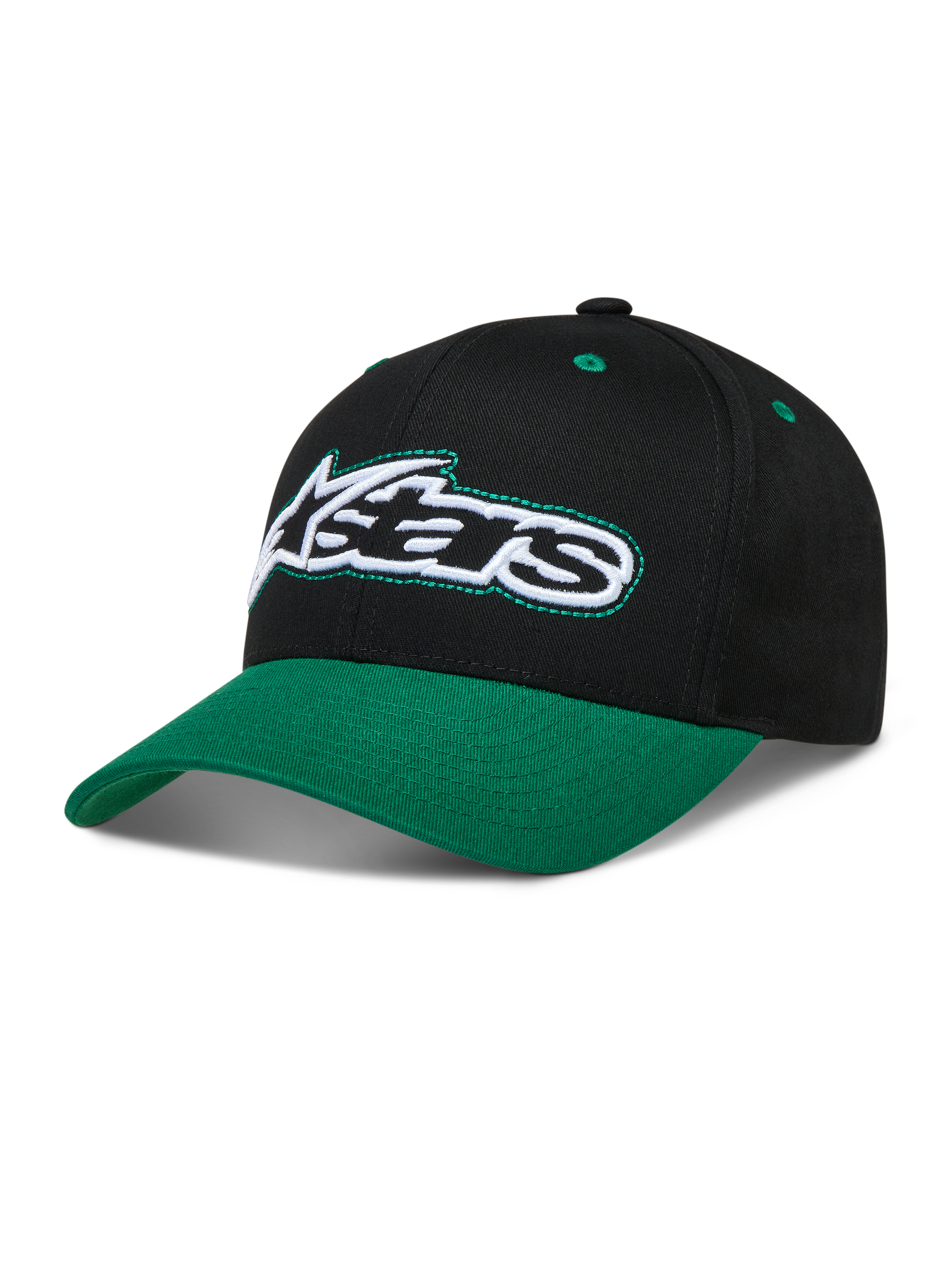 Alpinestars Retro Snapback Hat, Black and Green Sportswear Cap, curved bill, structured crown, and embroidered Astars logo.