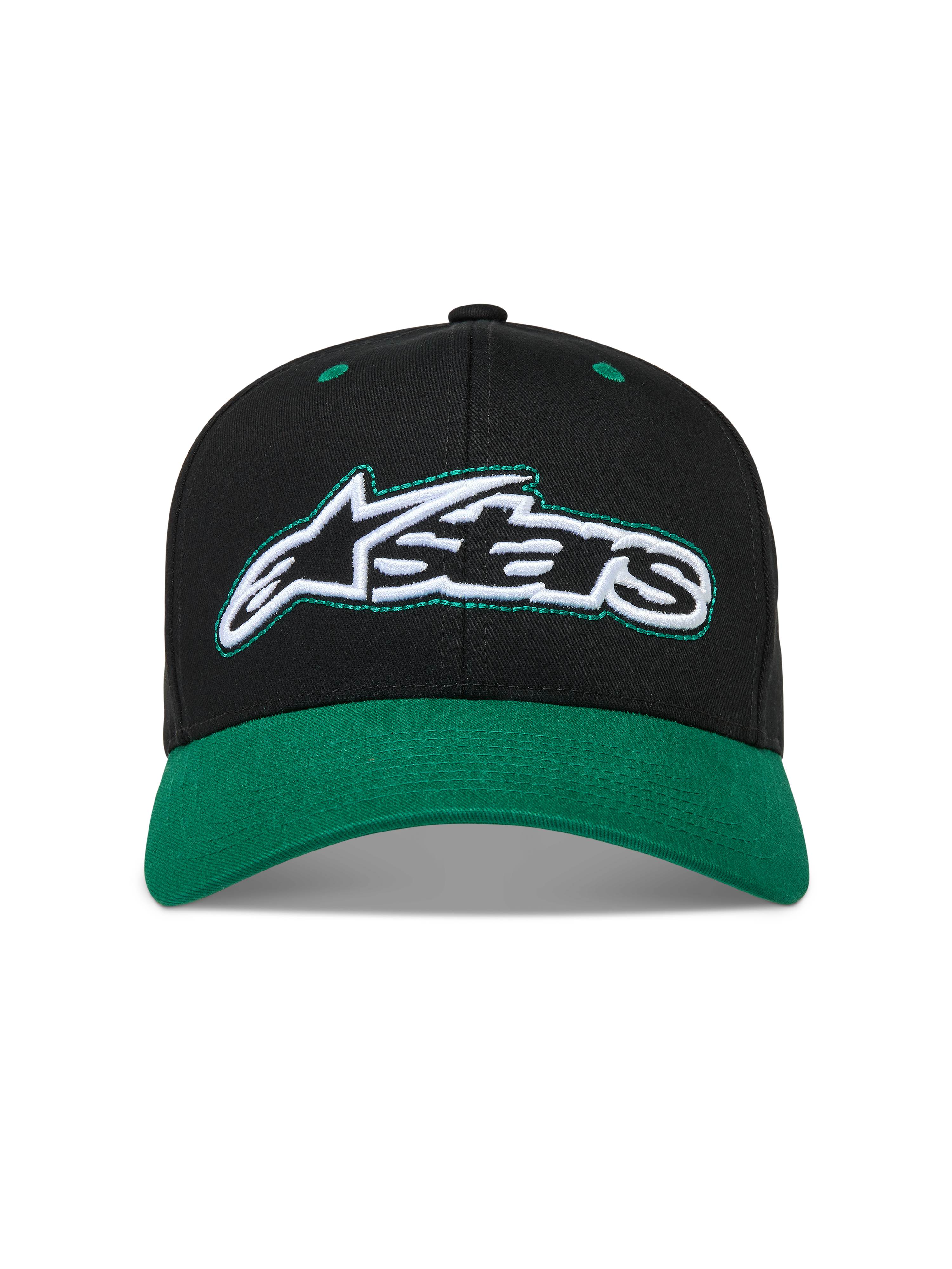 Alpinestars Retro Snapback Hat, Black and Green Sportswear Cap, Cotton Twill with a Curved Bill and Embroidered Logo.