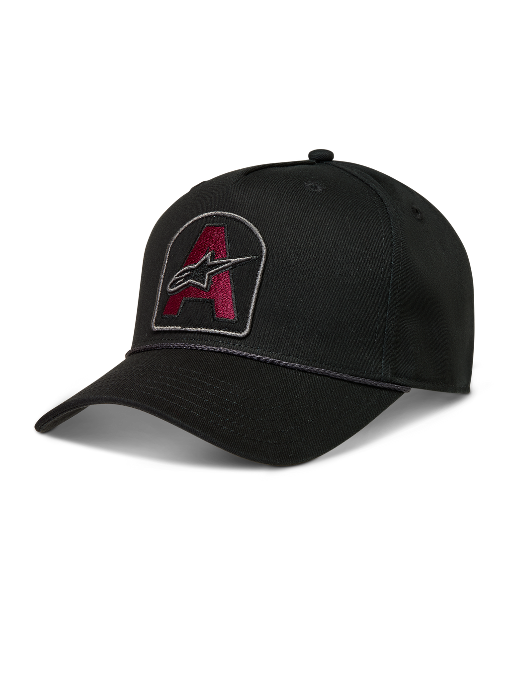 Alpinestars Acme Snapback, boné de sarja preto com patch bordado bordô, aba curva e acabamento em corda.