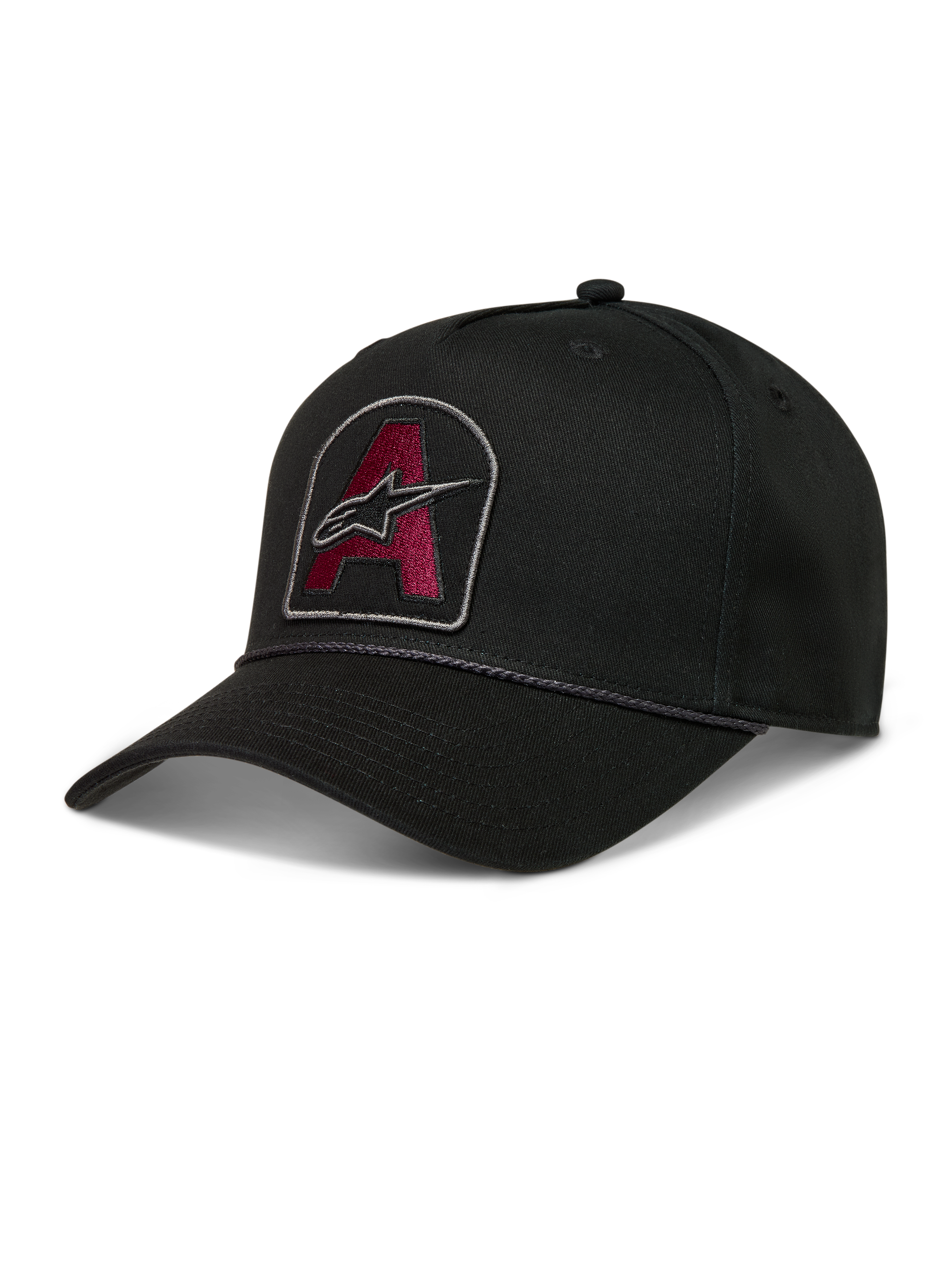 Alpinestars Acme Snapback, boné de sarja preto com patch bordado bordô, aba curva e acabamento em corda.