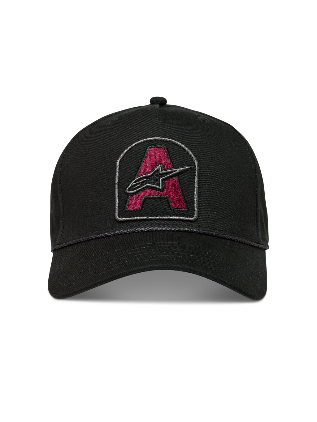 Alpinestars Acme Snapback Chapéu, boné de sportswear preto com patch de logótipo bordado a vermelho escuro, aba curva e acabamento em corda.
