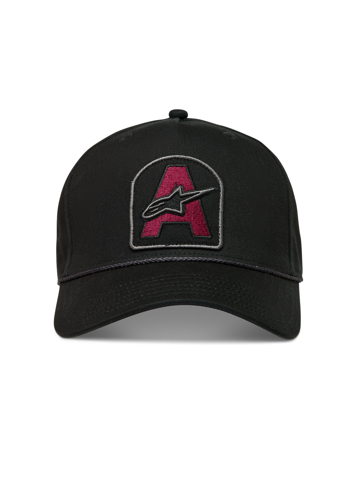 Alpinestars Acme Snapback Chapéu, boné de sportswear preto com patch de logótipo bordado a vermelho escuro, aba curva e acabamento em corda.