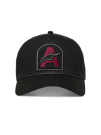 Alpinestars Acme Snapback Chapéu, boné de sportswear preto com patch de logótipo bordado a vermelho escuro, aba curva e acabamento em corda.