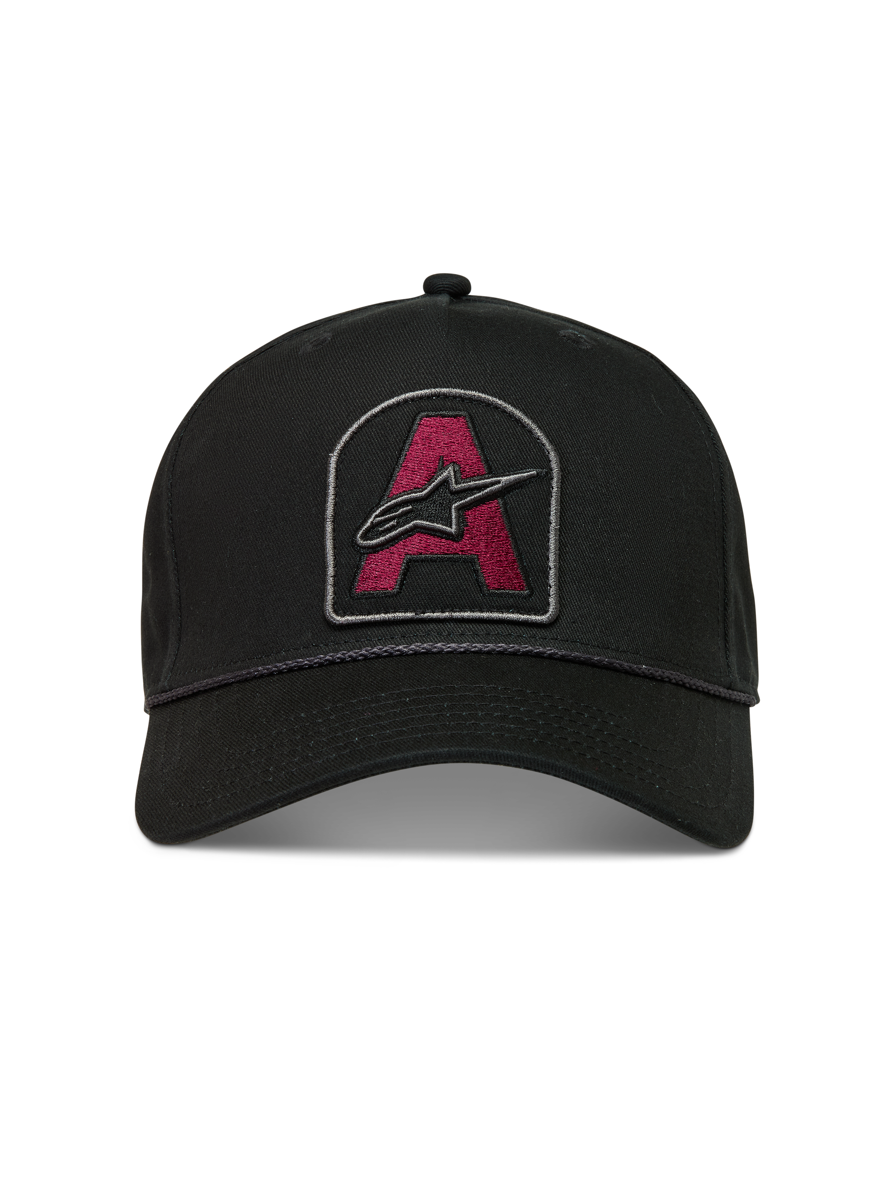 Alpinestars Acme Snapback Chapéu, boné de sportswear preto com patch de logótipo bordado a vermelho escuro, aba curva e acabamento em corda.