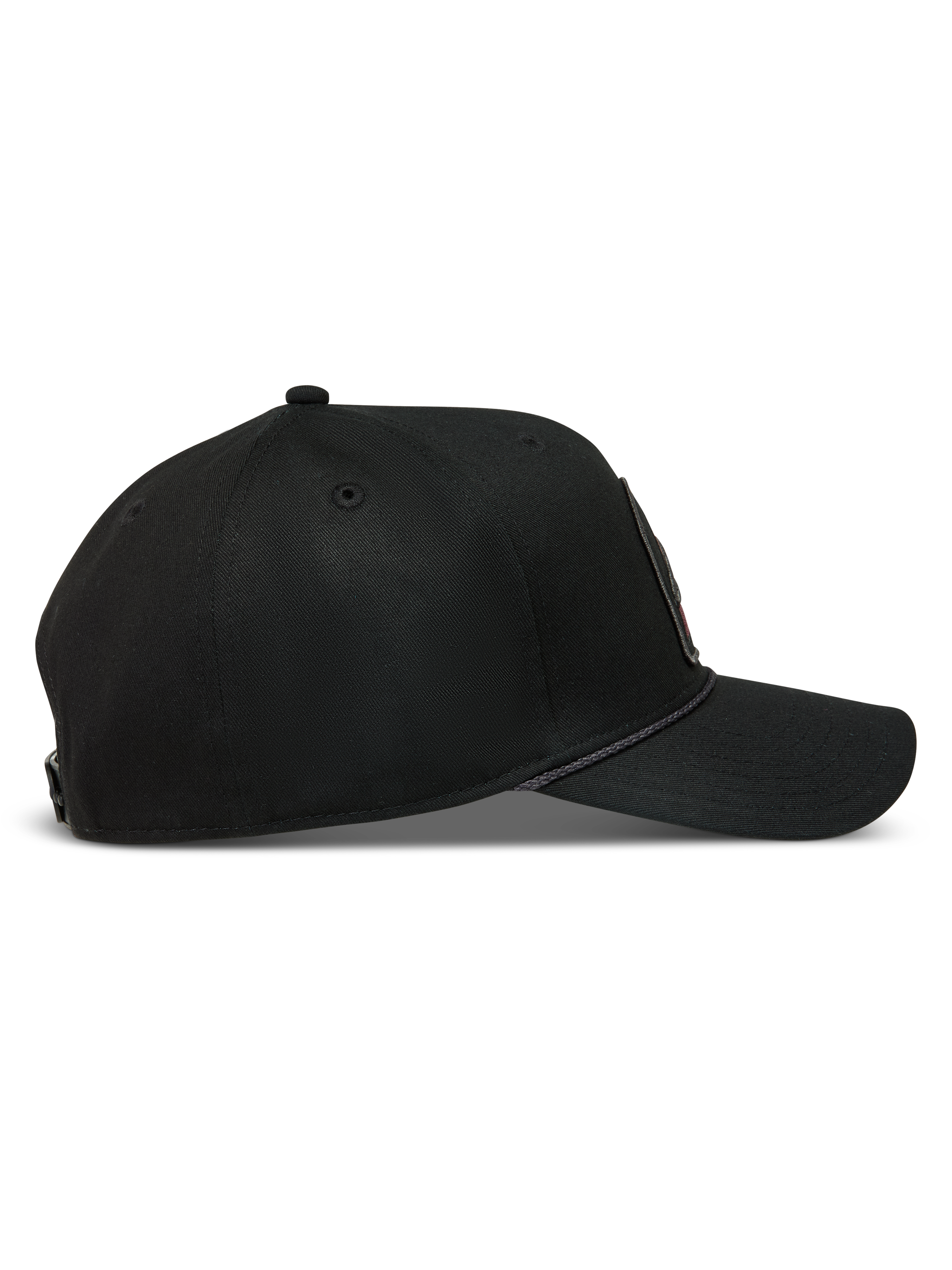 Alpinestars Acme Snapback, boné de sarja preto com aba curva, coroa estruturada e acabamento em corda.