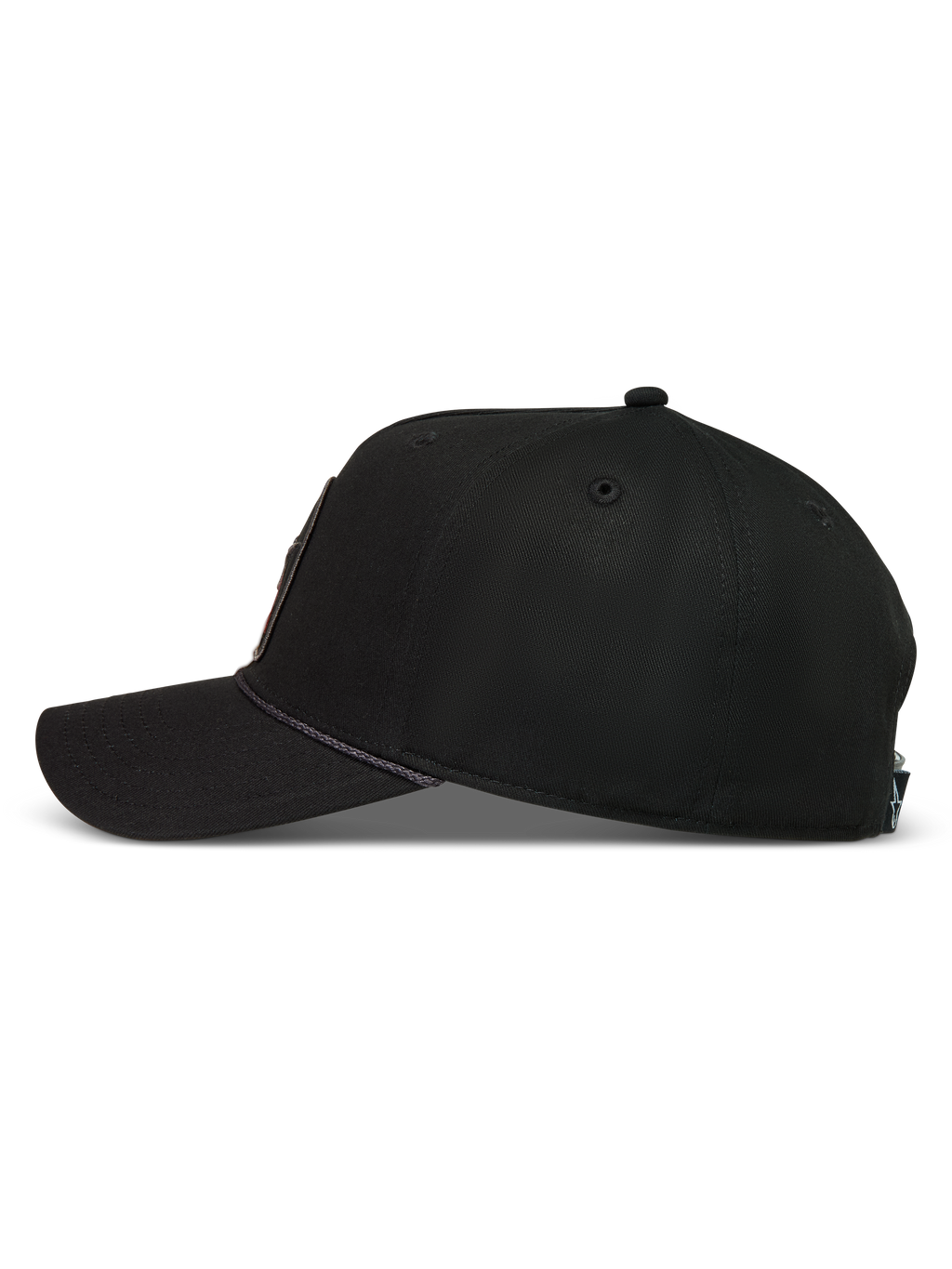 Alpinestars Acme Snapback Chapéu, boné preto com aba curva, coroa estruturada e detalhe de corda, vista lateral.