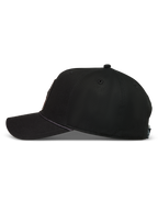 Alpinestars Acme Snapback Chapéu, boné preto com aba curva, coroa estruturada e detalhe de corda, vista lateral.