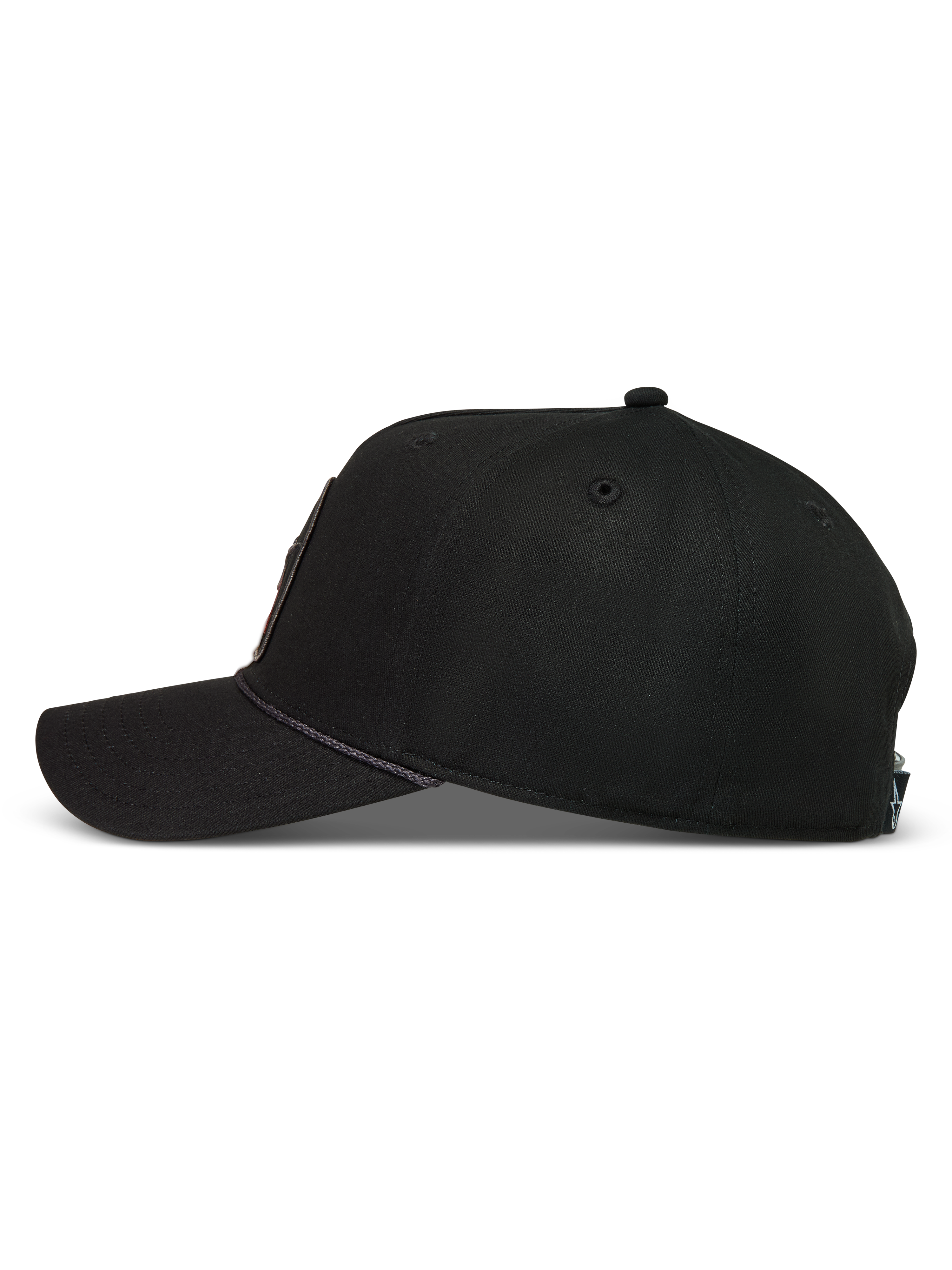 Alpinestars Acme Snapback Chapéu, boné preto com aba curva, coroa estruturada e detalhe de corda, vista lateral.