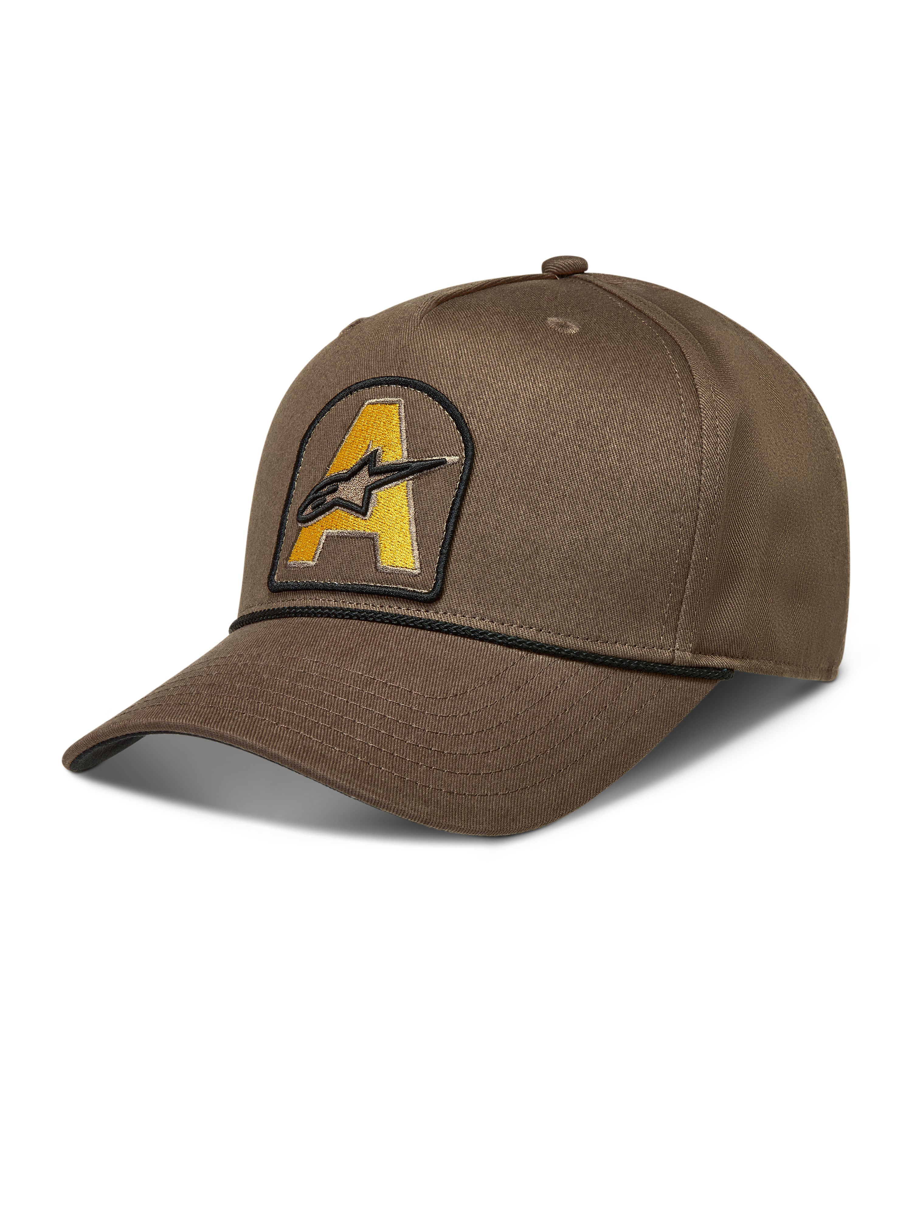 Alpinestars Acme Snapback Chapéu, boné de sportswear castanho com aba curva, logótipo amarelo e detalhe de corda preta.