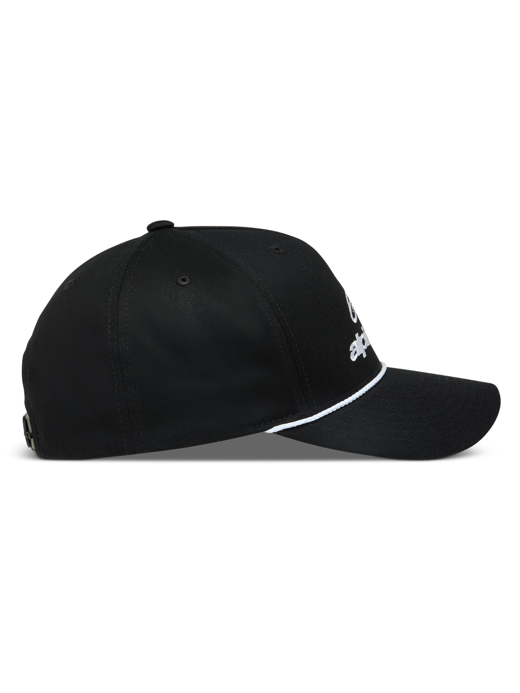 Alpinestars Combo Logo Snapback, boné preto de perfil lateral com aba curva e detalhe de corda branca.