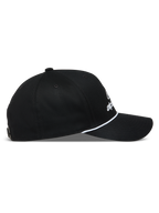 Alpinestars Combo Logo Snapback, boné preto de perfil lateral com aba curva e detalhe de corda branca.