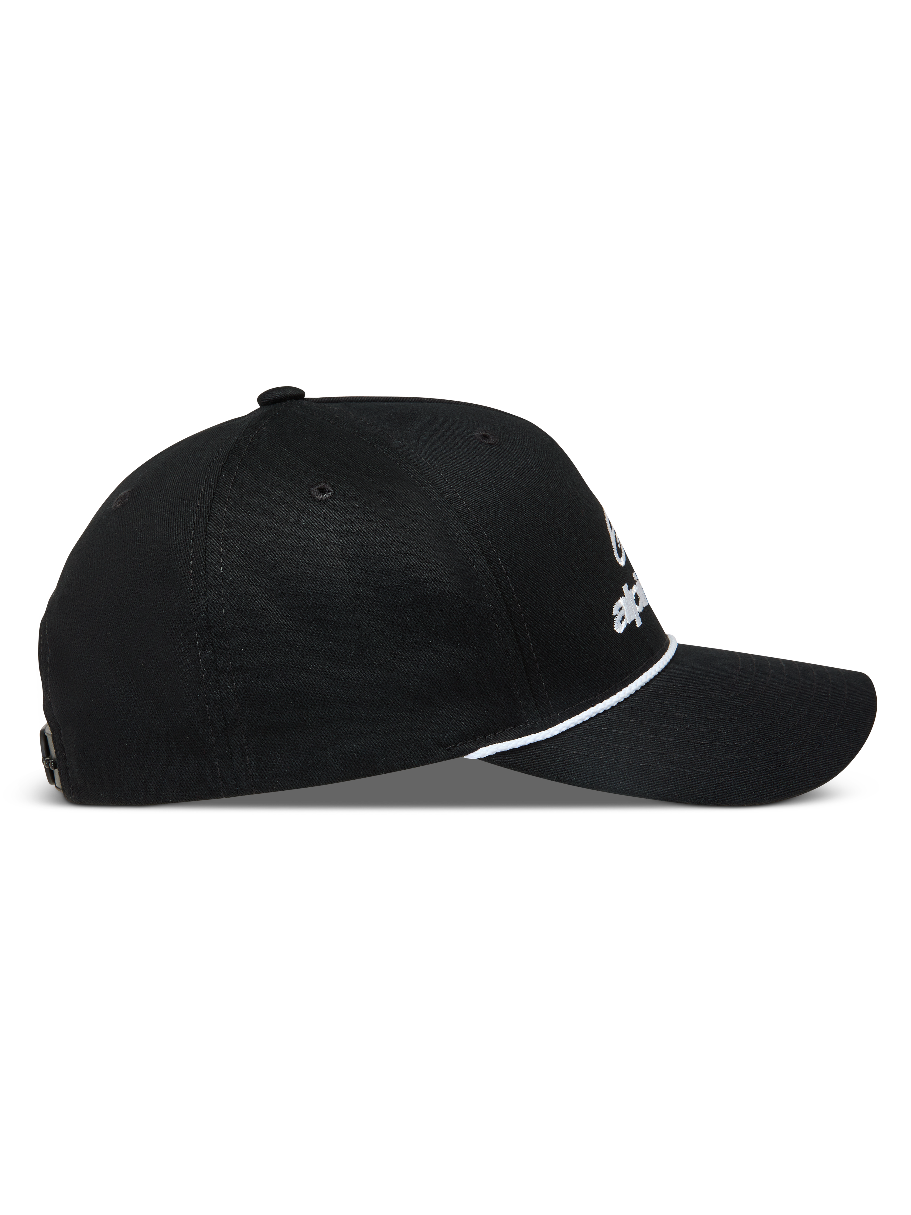 Alpinestars Combo Logo Snapback, boné preto de perfil lateral com aba curva e detalhe de corda branca.