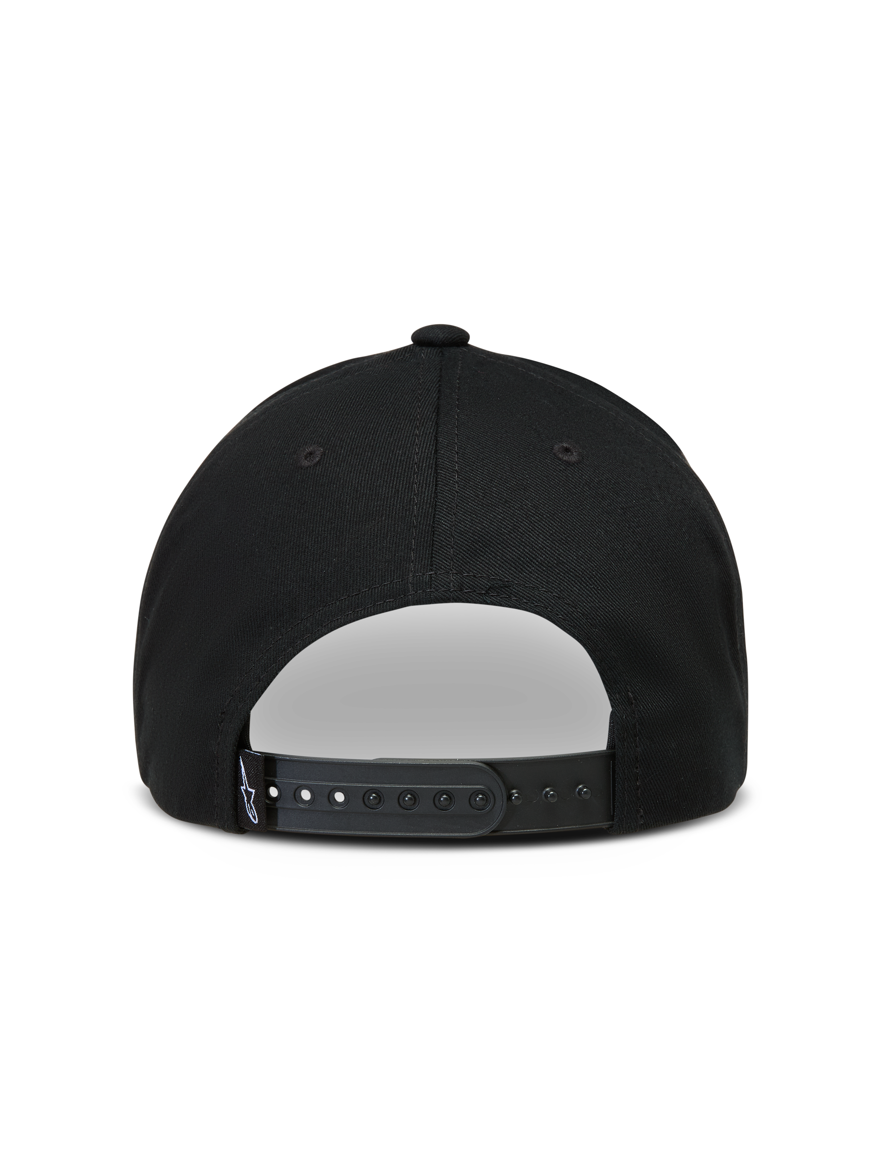 Alpinestars Combo Logo Snapback Chapéu, boné preto, vista traseira com fecho snapback ajustável e etiqueta de logótipo.