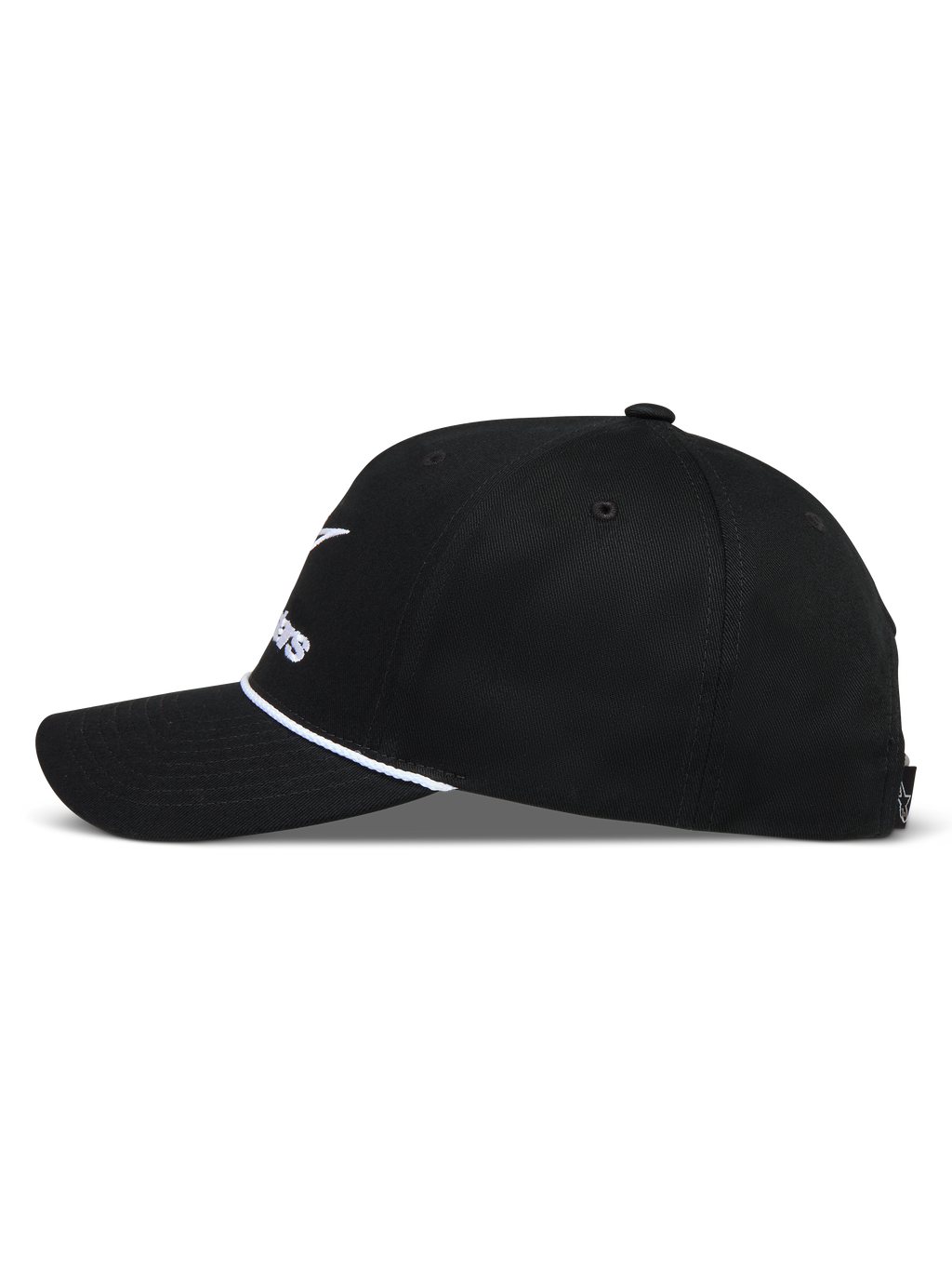 Alpinestars Combo Logo Snapback Chapéu, boné preto de aba curva com detalhe de corda branca e coroa estruturada.