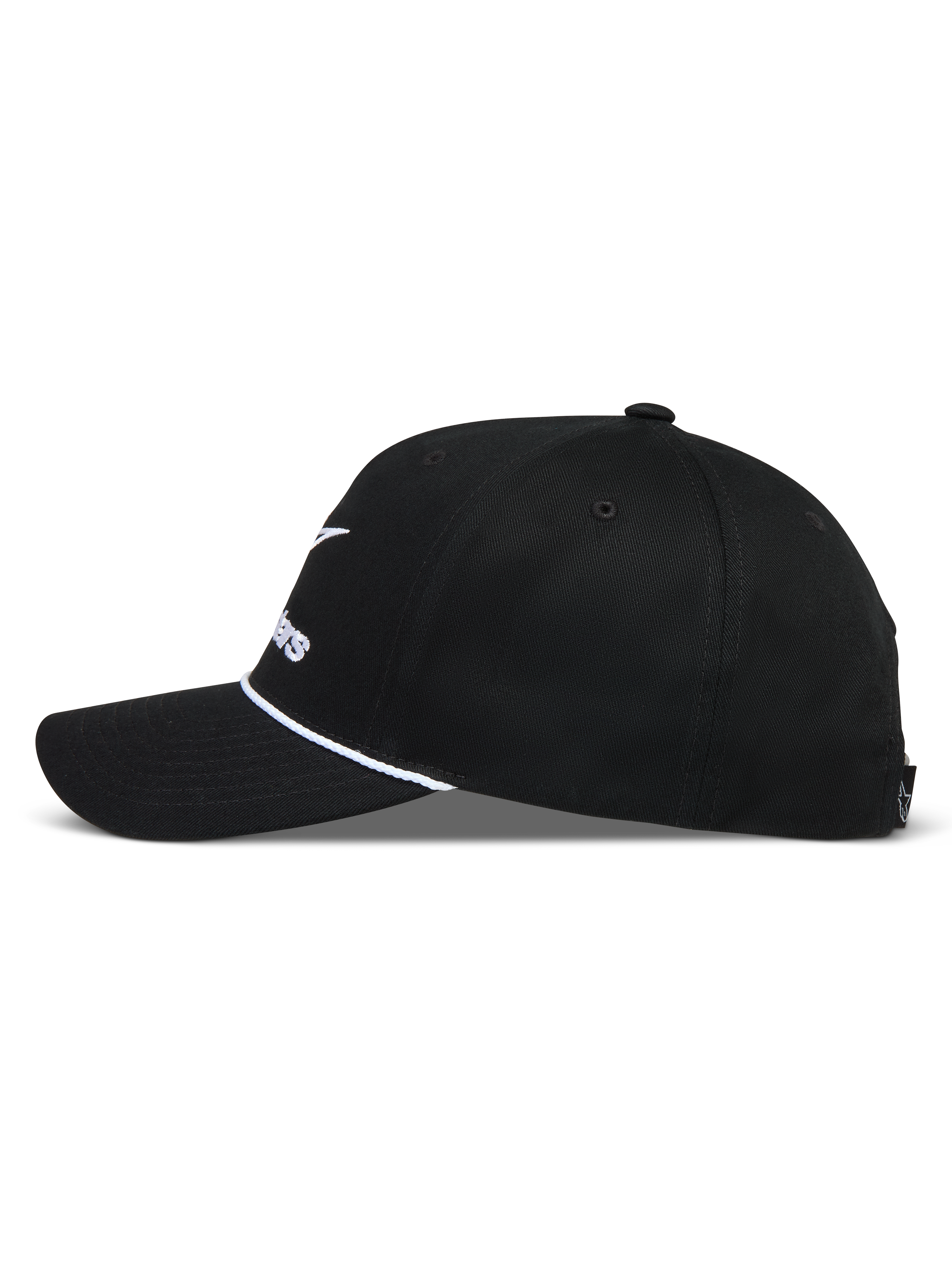 Alpinestars Combo Logo Snapback Chapéu, boné preto de aba curva com detalhe de corda branca e coroa estruturada.