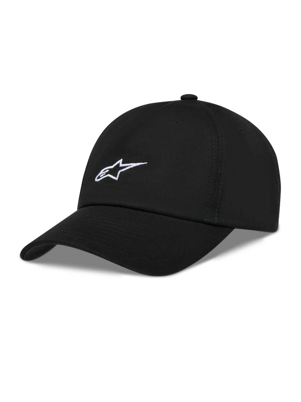 Alpinestars Dylan Dad Chapéu, boné casual de sarja preto com logótipo Astars bordado a branco e aba curva.