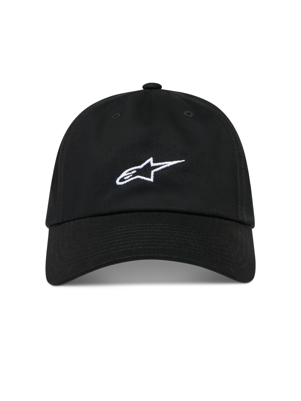 Alpinestars Dylan Dad Chapéu, boné de sarja preto com logótipo Astars branco, aba curva e coroa baixa não estruturada.