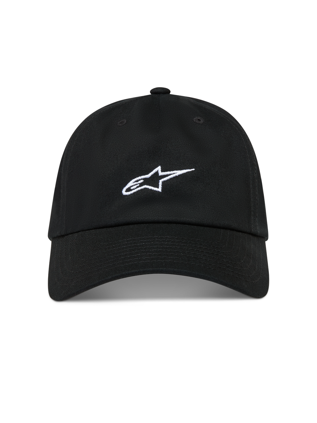 Alpinestars Dylan Dad Chapéu, boné de sarja preto com logótipo Astars branco, aba curva e coroa baixa não estruturada.
