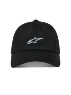 Alpinestars Dylan Dad Chapéu, boné de sarja preto com logótipo Astars branco, aba curva e coroa baixa não estruturada.